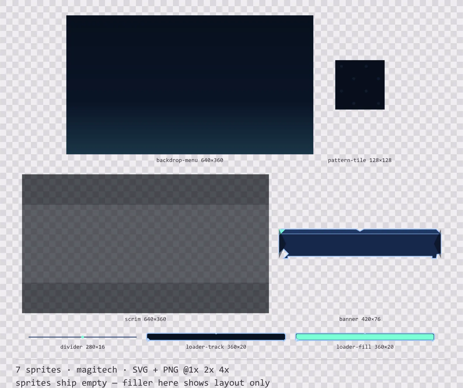 Sheet showing 7 magitech background and overlay pieces from the Aetherlab family, arranged on a transparency checkerboard with their pixel sizes printed underneath