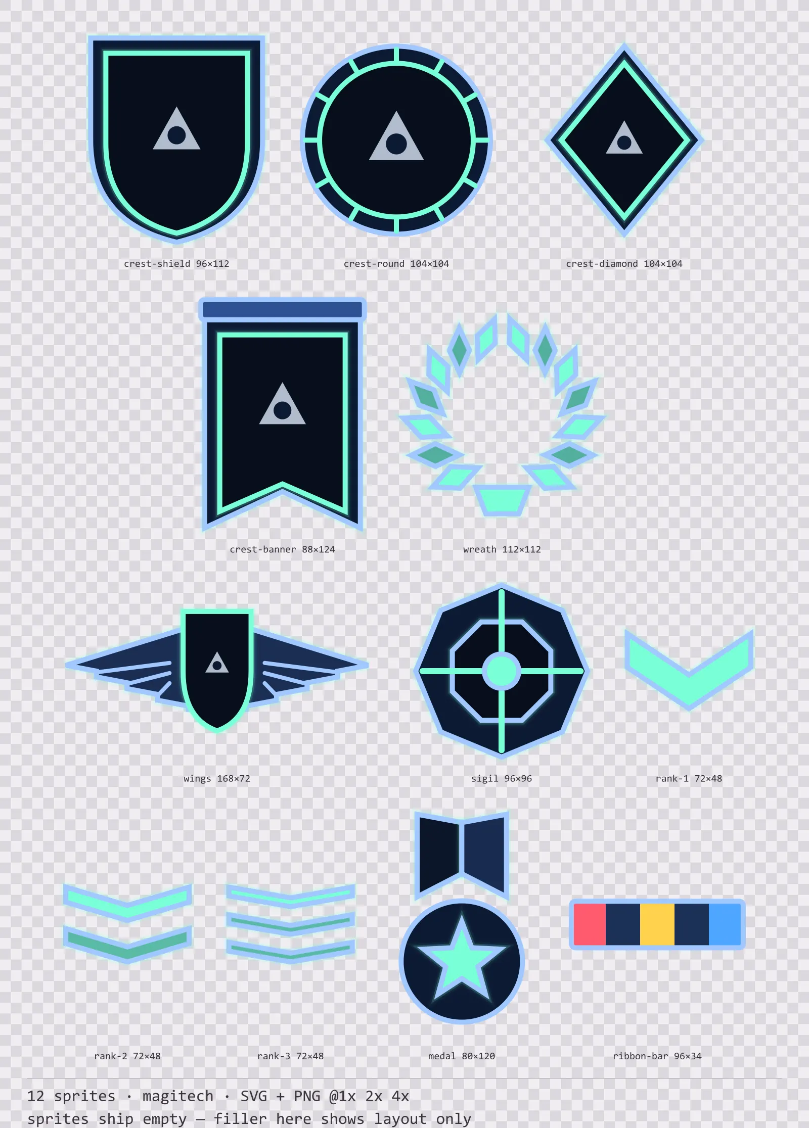 Sheet showing 12 magitech crests, insignia and rank marks from the Aetherlab family, arranged on a transparency checkerboard with their pixel sizes printed underneath
