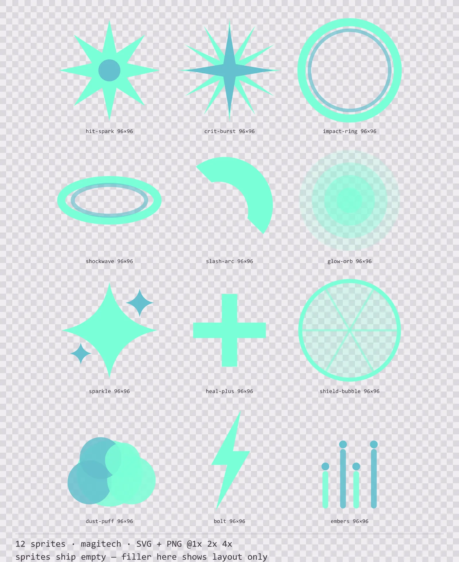 Sheet showing 12 magitech impact and effect sprites from the Aetherlab family, arranged on a transparency checkerboard with their pixel sizes printed underneath
