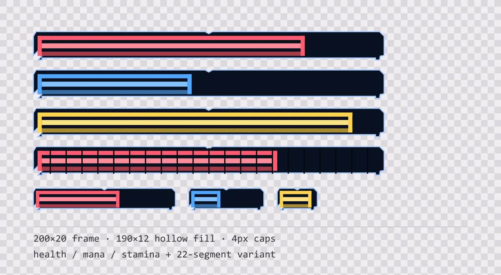 Three horizontal game status bars stacked on a checkerboard background, filled to different levels for health, mana and stamina, with a segmented 22-notch bar and three smaller bars beneath them