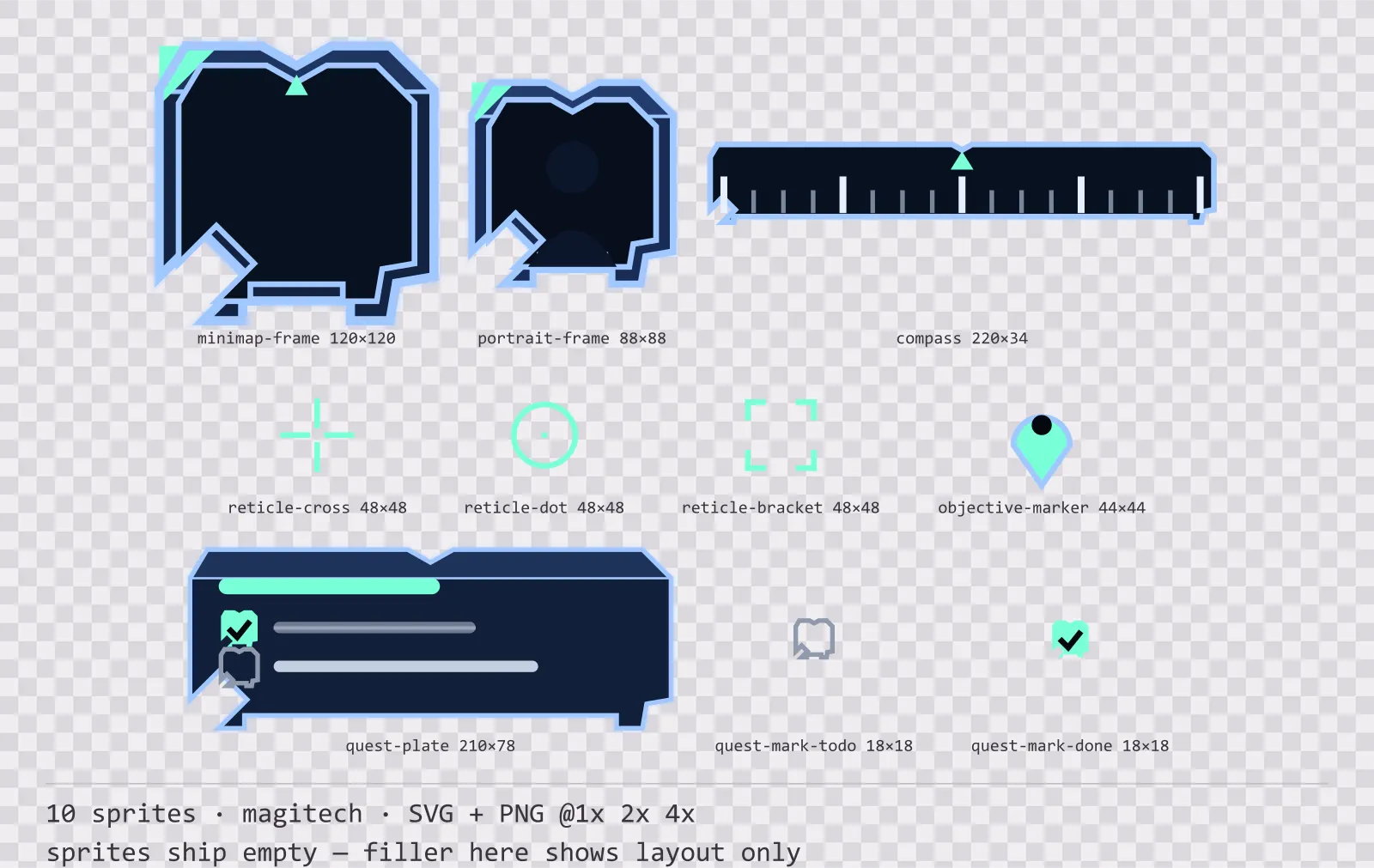 Sheet showing 10 magitech heads-up display frames from the Aetherlab family, arranged on a transparency checkerboard with their pixel sizes printed underneath