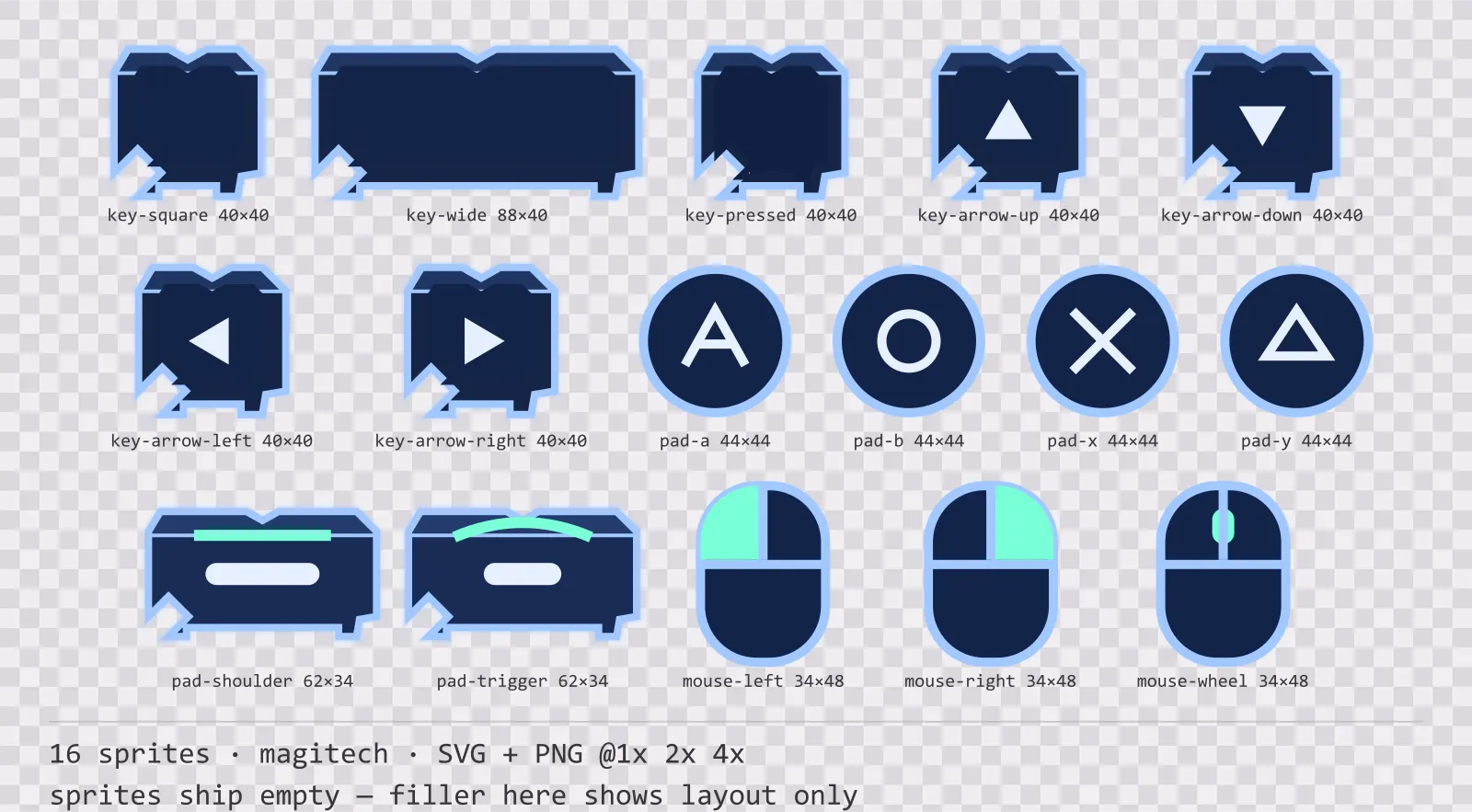 Sheet showing 16 magitech input prompt sprites from the Aetherlab family, arranged on a transparency checkerboard with their pixel sizes printed underneath