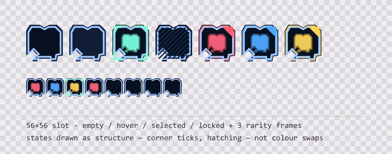 A row of square game inventory slots on a checkerboard background showing empty, hover, selected with corner ticks, and diagonally hatched locked states, followed by coloured rarity frames and a tiled eight-slot grid