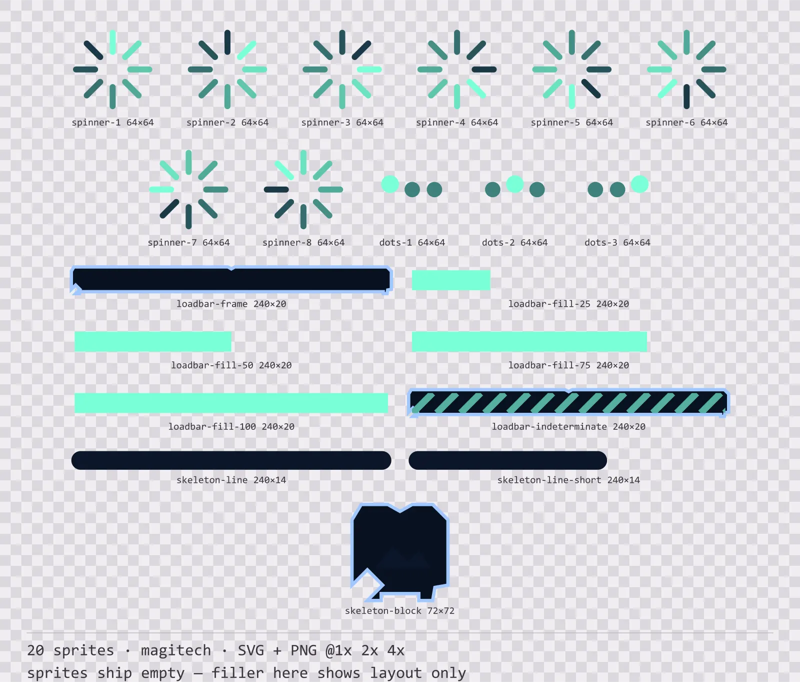 Sheet showing 20 magitech loading and waiting indicators from the Aetherlab family, arranged on a transparency checkerboard with their pixel sizes printed underneath