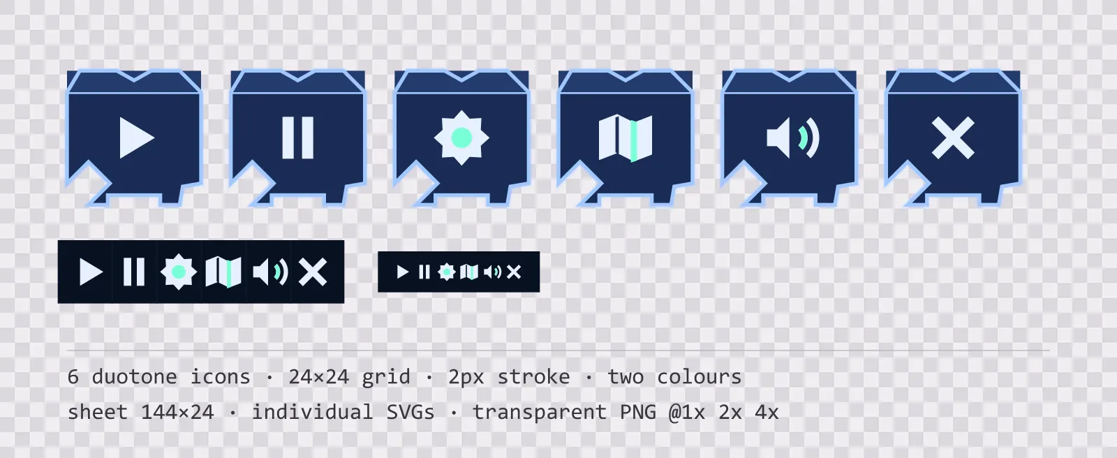 Six two-tone game menu icons on cold aether tiles, shown large, laid out on a sheet grid, and again at actual 24 pixel size