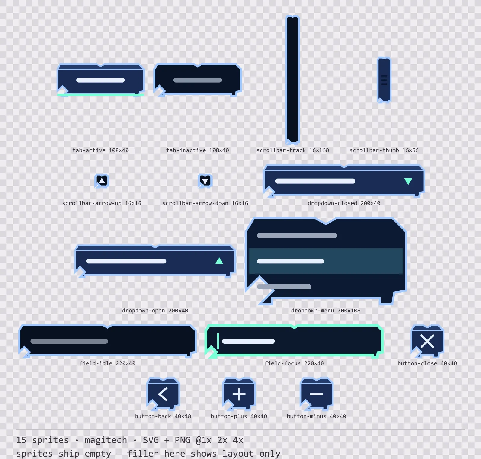 Sheet showing 15 magitech navigation and input components from the Aetherlab family, arranged on a transparency checkerboard with their pixel sizes printed underneath