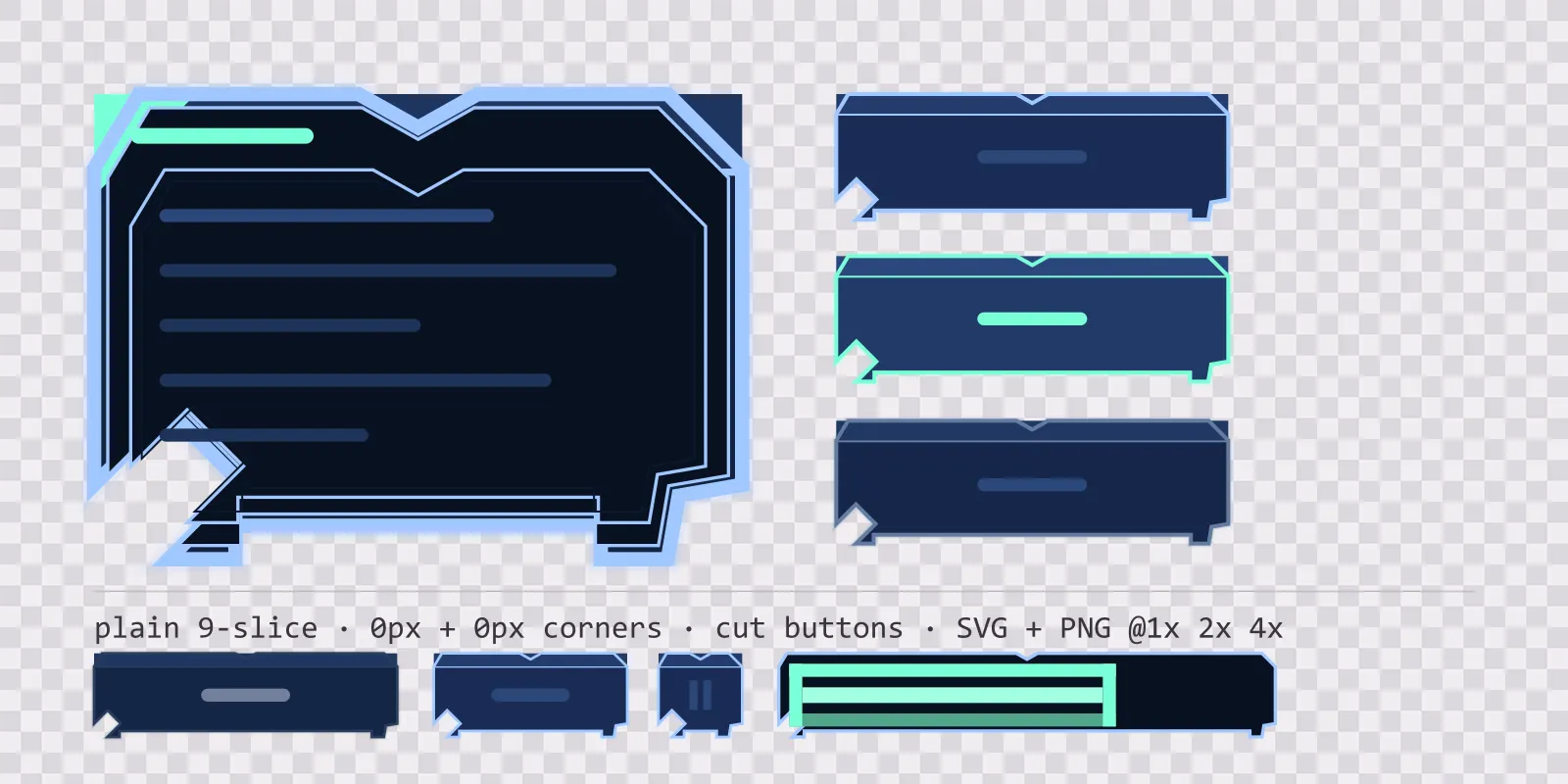 cold aether game menu panel with a aether cyan title strip and a recessed list area, next to a column showing the same chamfered button in default, outlined hover and pushed-in pressed states