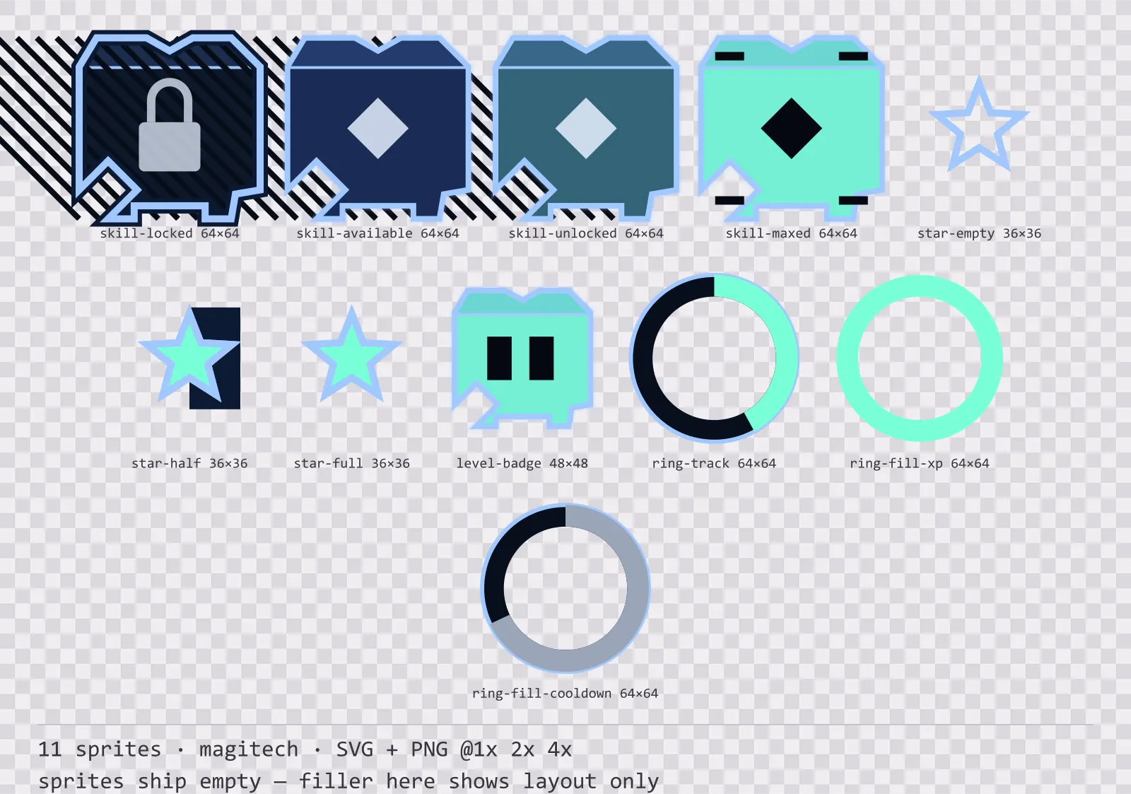 Sheet showing 11 magitech progression and reward components from the Aetherlab family, arranged on a transparency checkerboard with their pixel sizes printed underneath