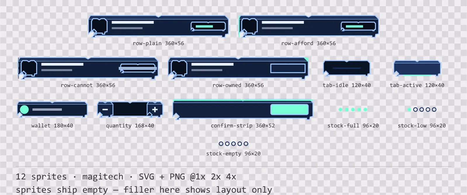 Sheet showing 12 magitech shop and economy widgets from the Aetherlab family, arranged on a transparency checkerboard with their pixel sizes printed underneath