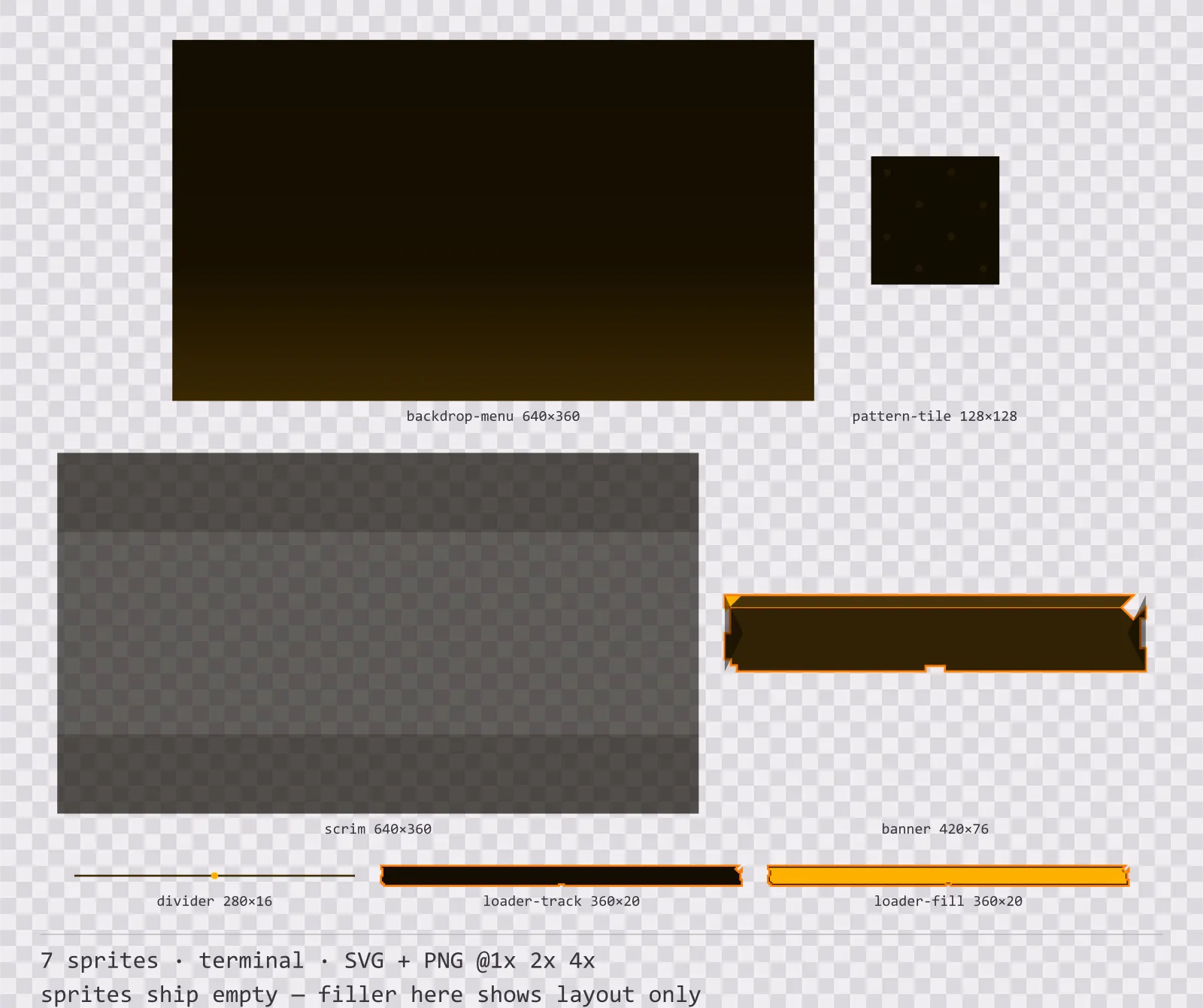 Sheet showing 7 terminal background and overlay pieces from the Amberterm family, arranged on a transparency checkerboard with their pixel sizes printed underneath
