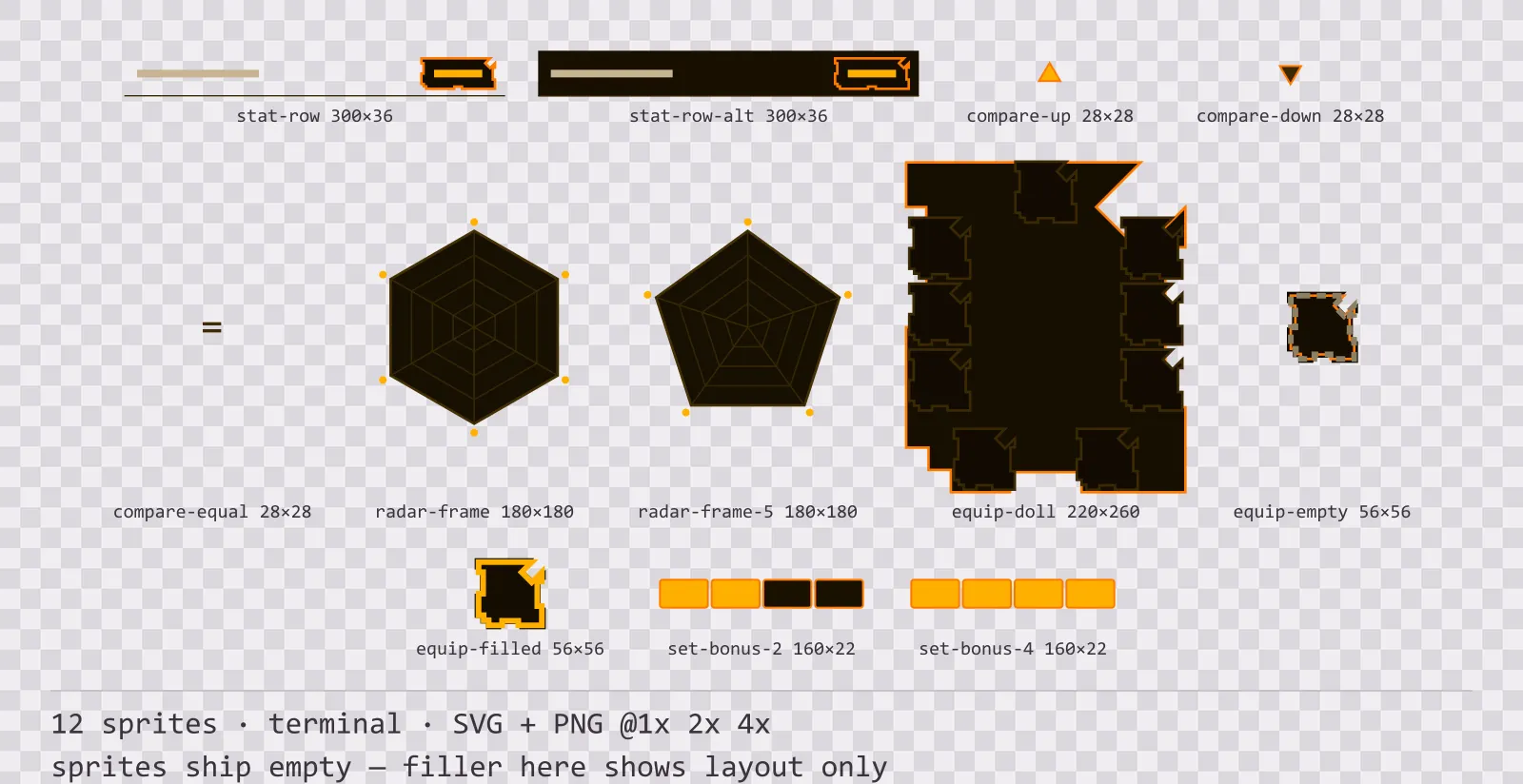 Sheet showing 12 terminal character sheet and stat widgets from the Amberterm family, arranged on a transparency checkerboard with their pixel sizes printed underneath