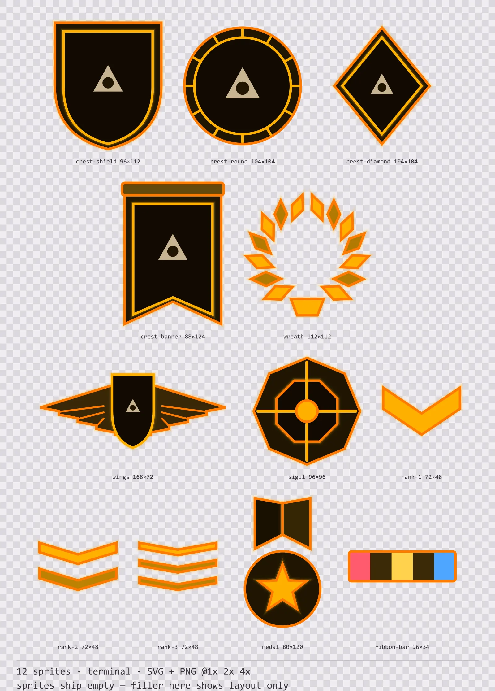 Sheet showing 12 terminal crests, insignia and rank marks from the Amberterm family, arranged on a transparency checkerboard with their pixel sizes printed underneath
