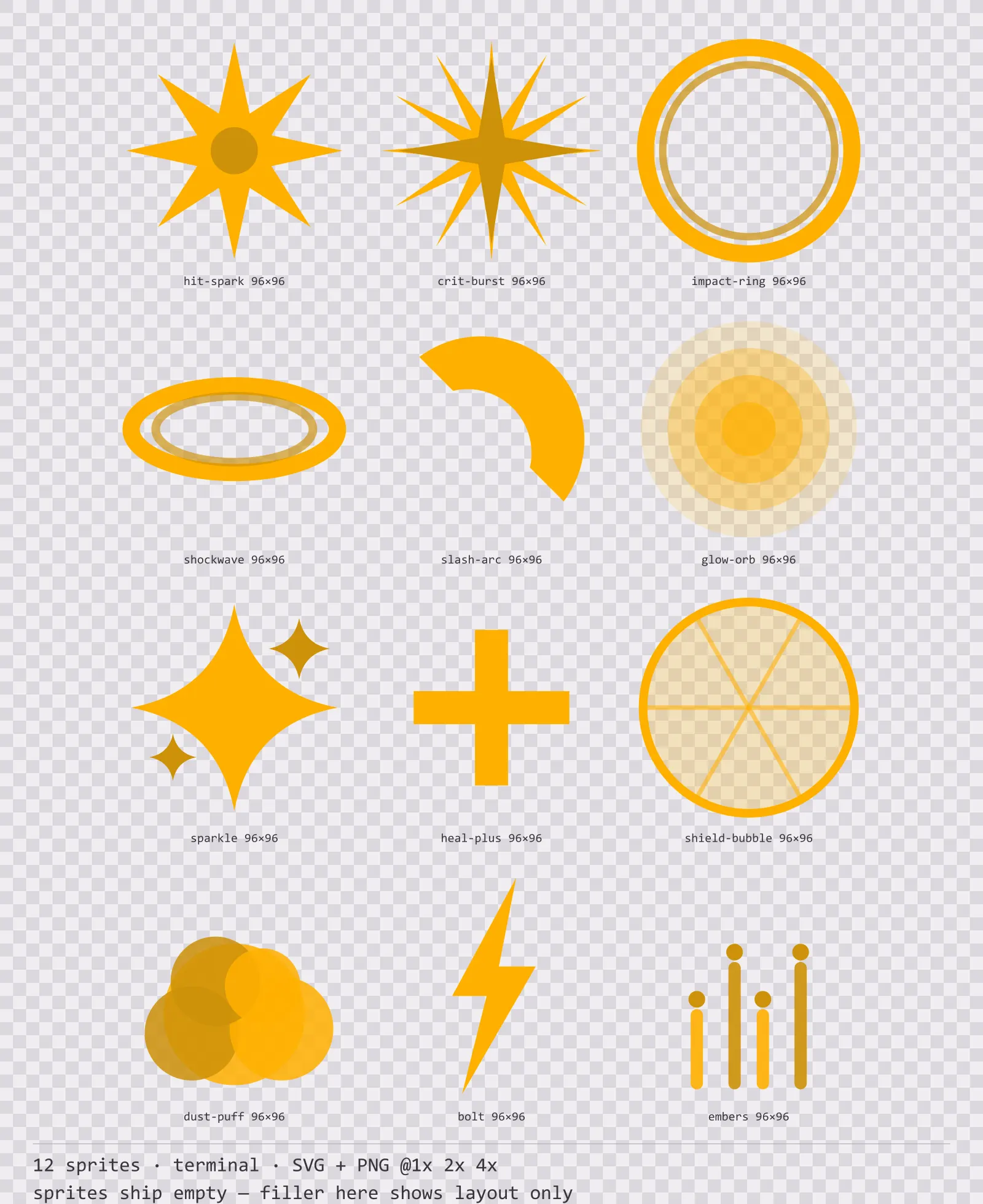 Sheet showing 12 terminal impact and effect sprites from the Amberterm family, arranged on a transparency checkerboard with their pixel sizes printed underneath