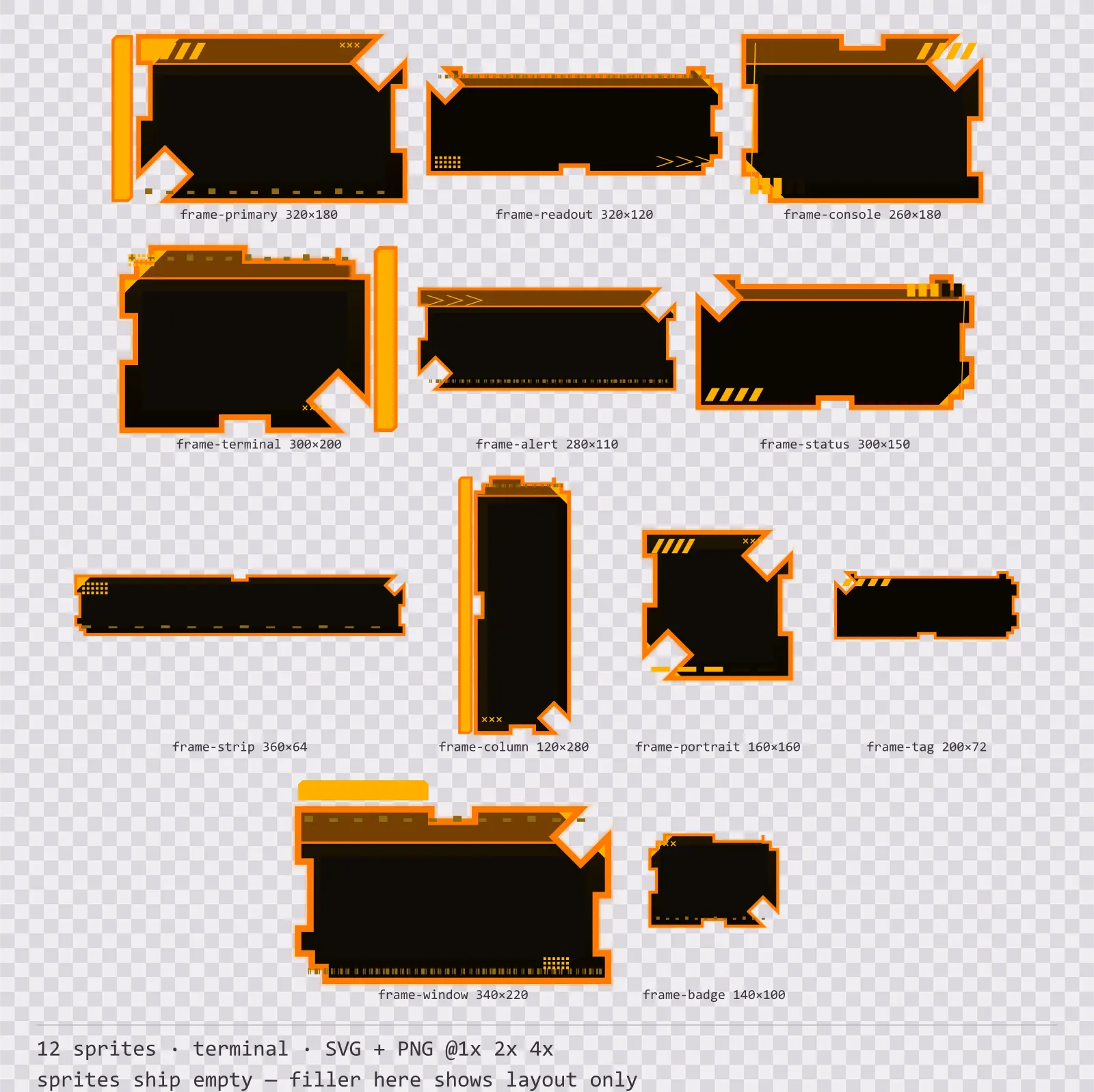 Sheet showing 12 terminal HUD frames from the Amberterm family, arranged on a transparency checkerboard with their pixel sizes printed underneath