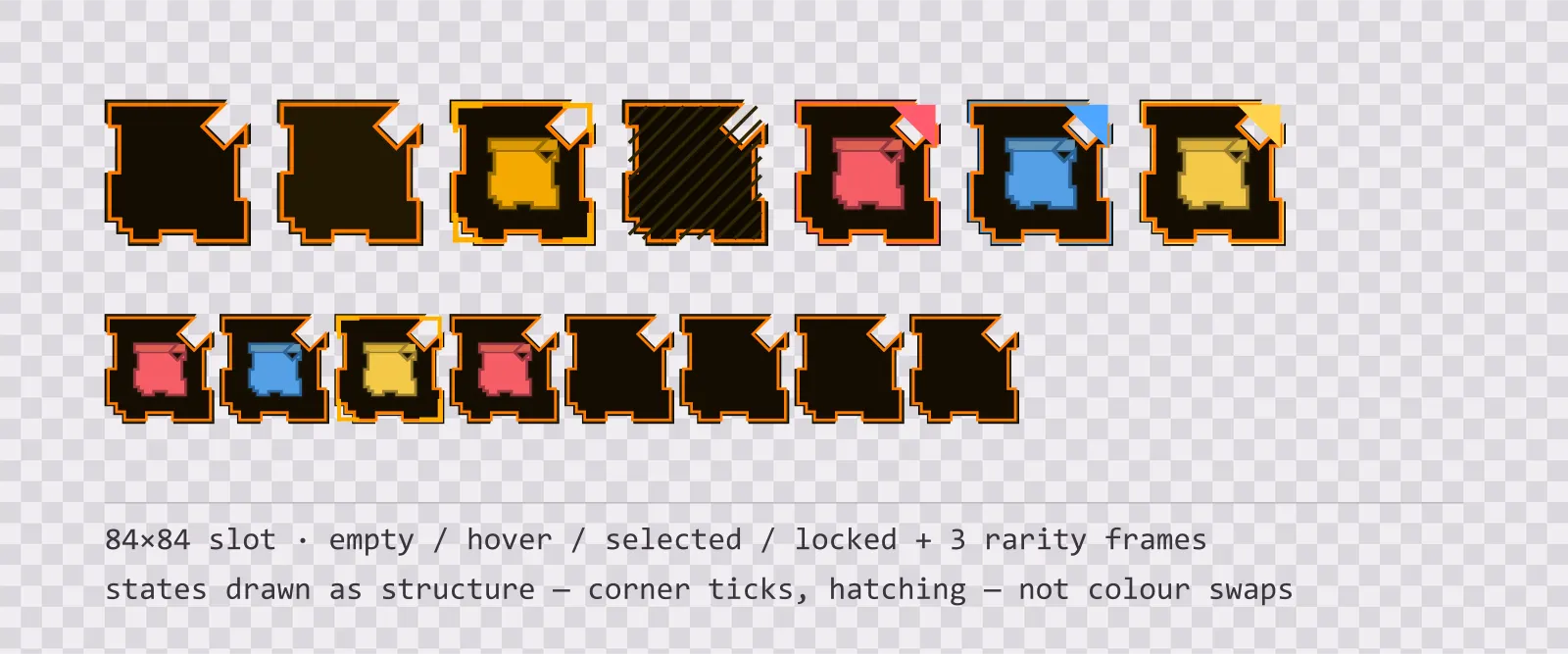 A row of square game inventory slots on a checkerboard background showing empty, hover, selected with corner ticks, and diagonally hatched locked states, followed by coloured rarity frames and a tiled eight-slot grid