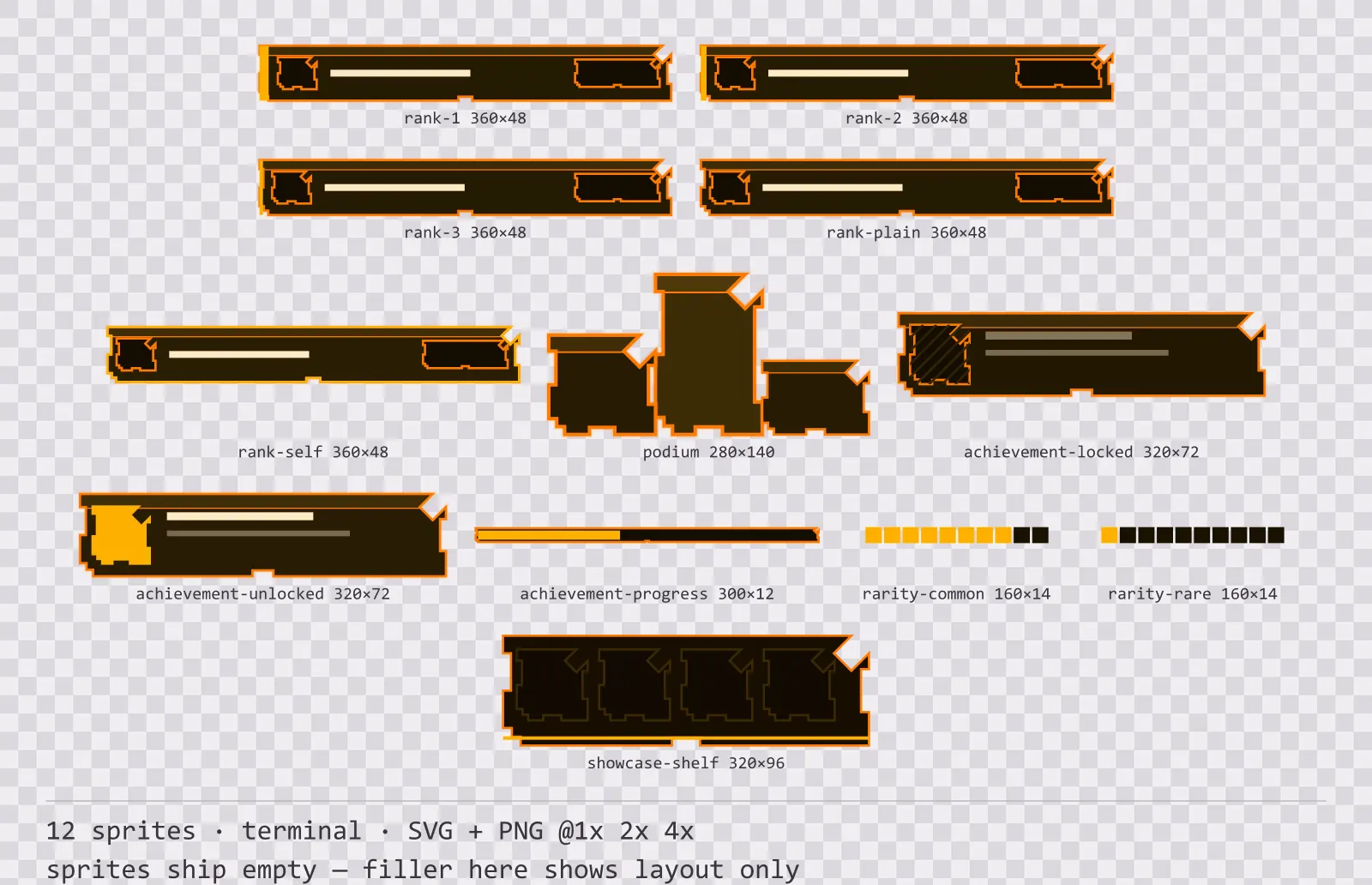 Sheet showing 12 terminal leaderboard and achievement widgets from the Amberterm family, arranged on a transparency checkerboard with their pixel sizes printed underneath