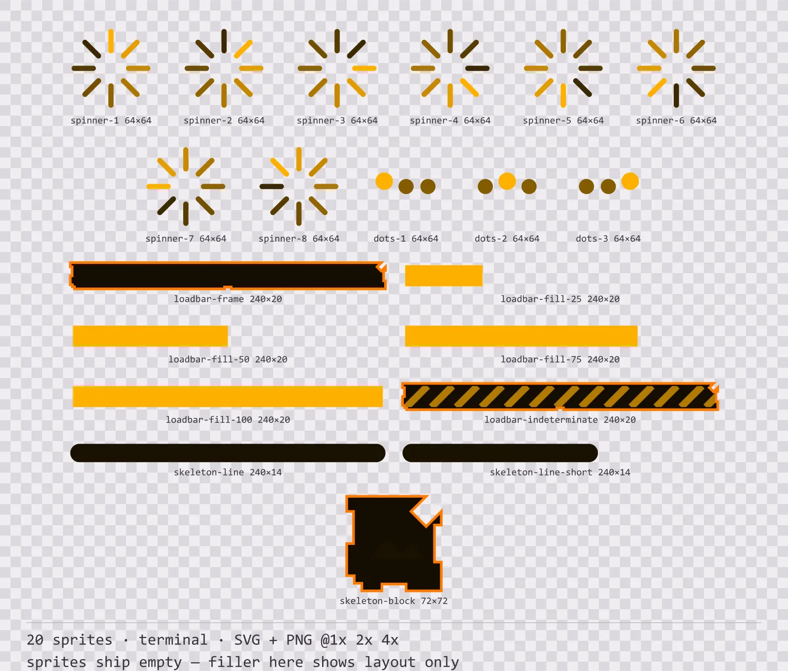 Sheet showing 20 terminal loading and waiting indicators from the Amberterm family, arranged on a transparency checkerboard with their pixel sizes printed underneath