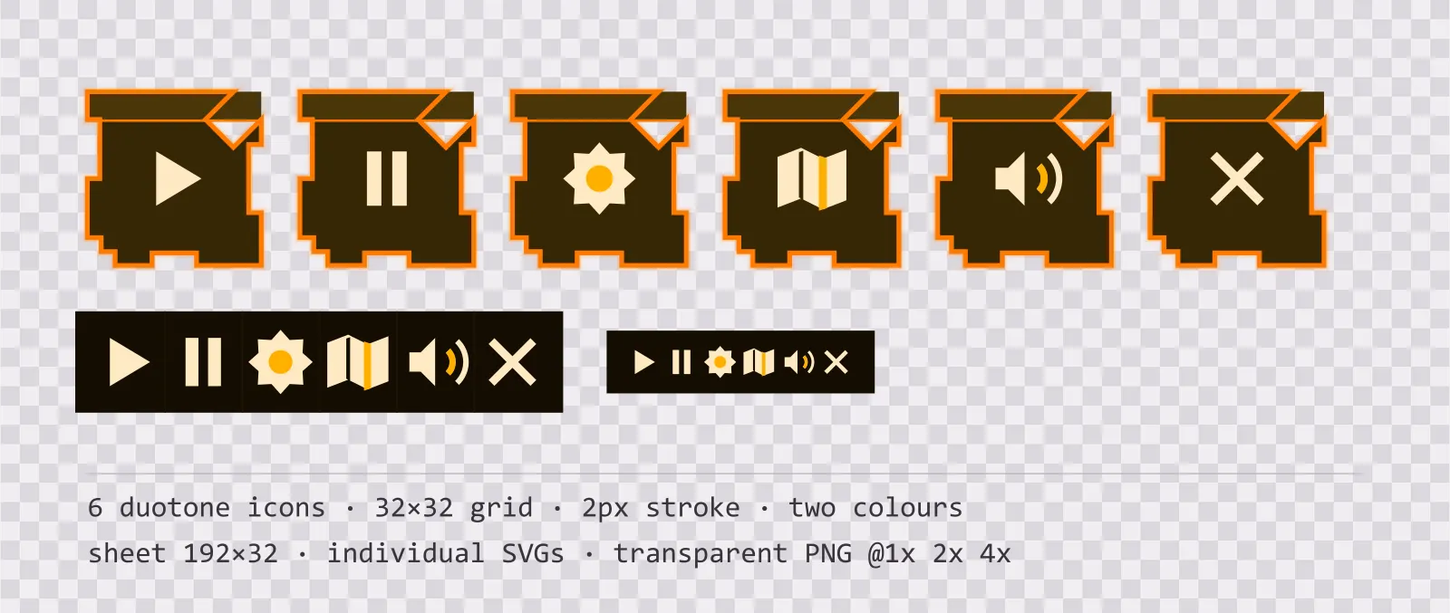 Six two-tone game menu icons on amber CRT tiles, shown large, laid out on a sheet grid, and again at actual 32 pixel size