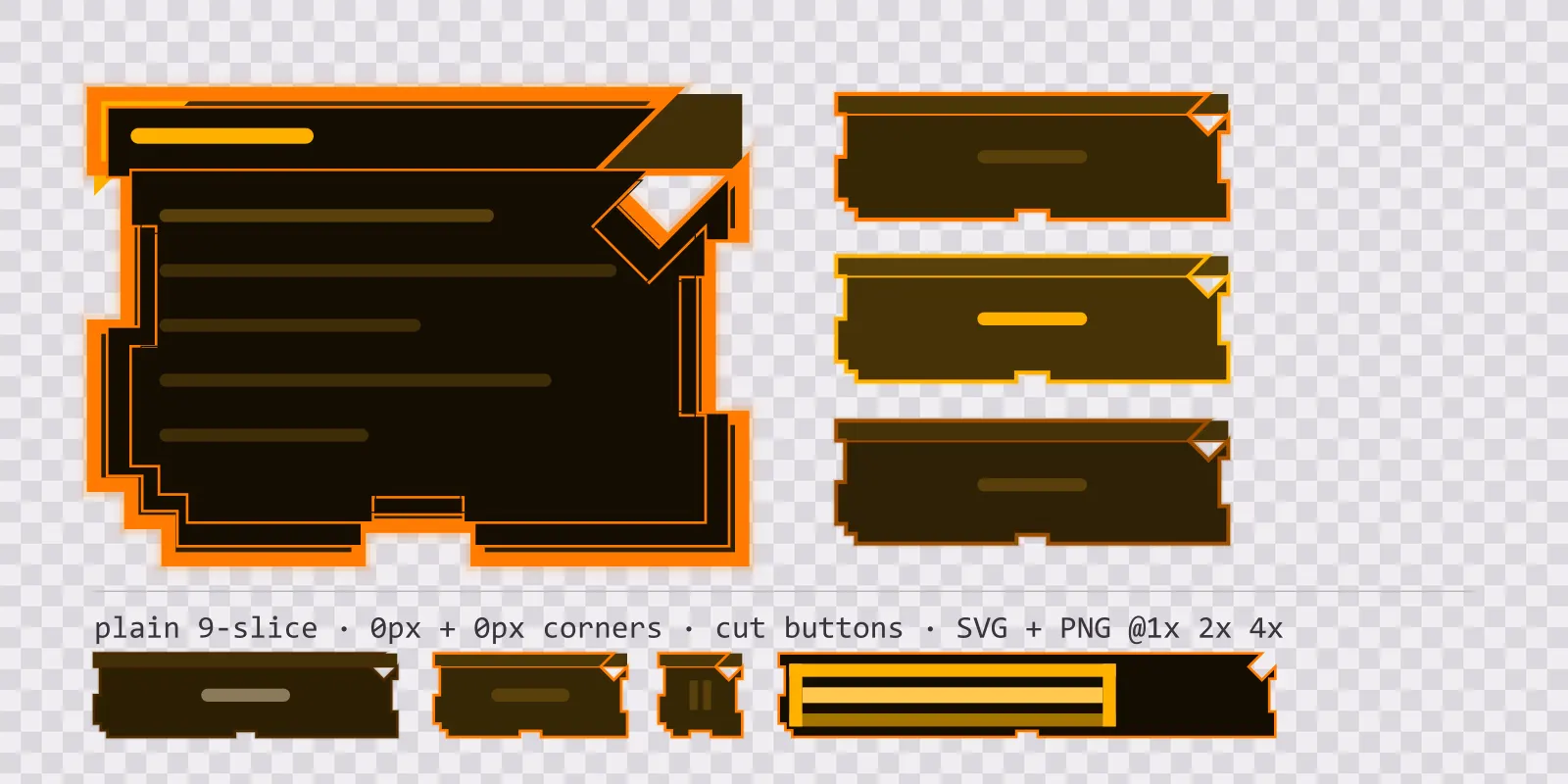 amber CRT game menu panel with a CRT amber title strip and a recessed list area, next to a column showing the same chamfered button in default, outlined hover and pushed-in pressed states