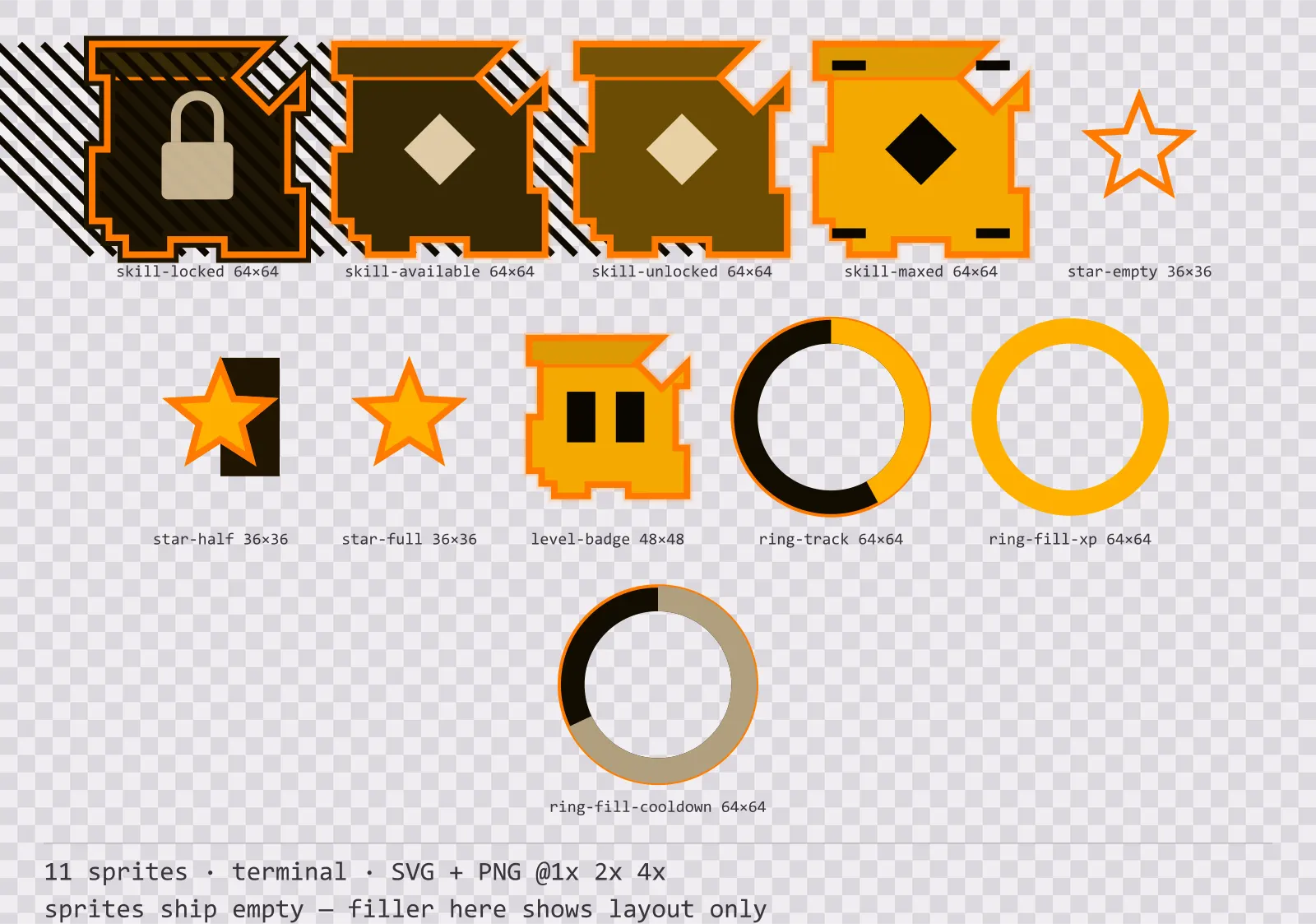 Sheet showing 11 terminal progression and reward components from the Amberterm family, arranged on a transparency checkerboard with their pixel sizes printed underneath