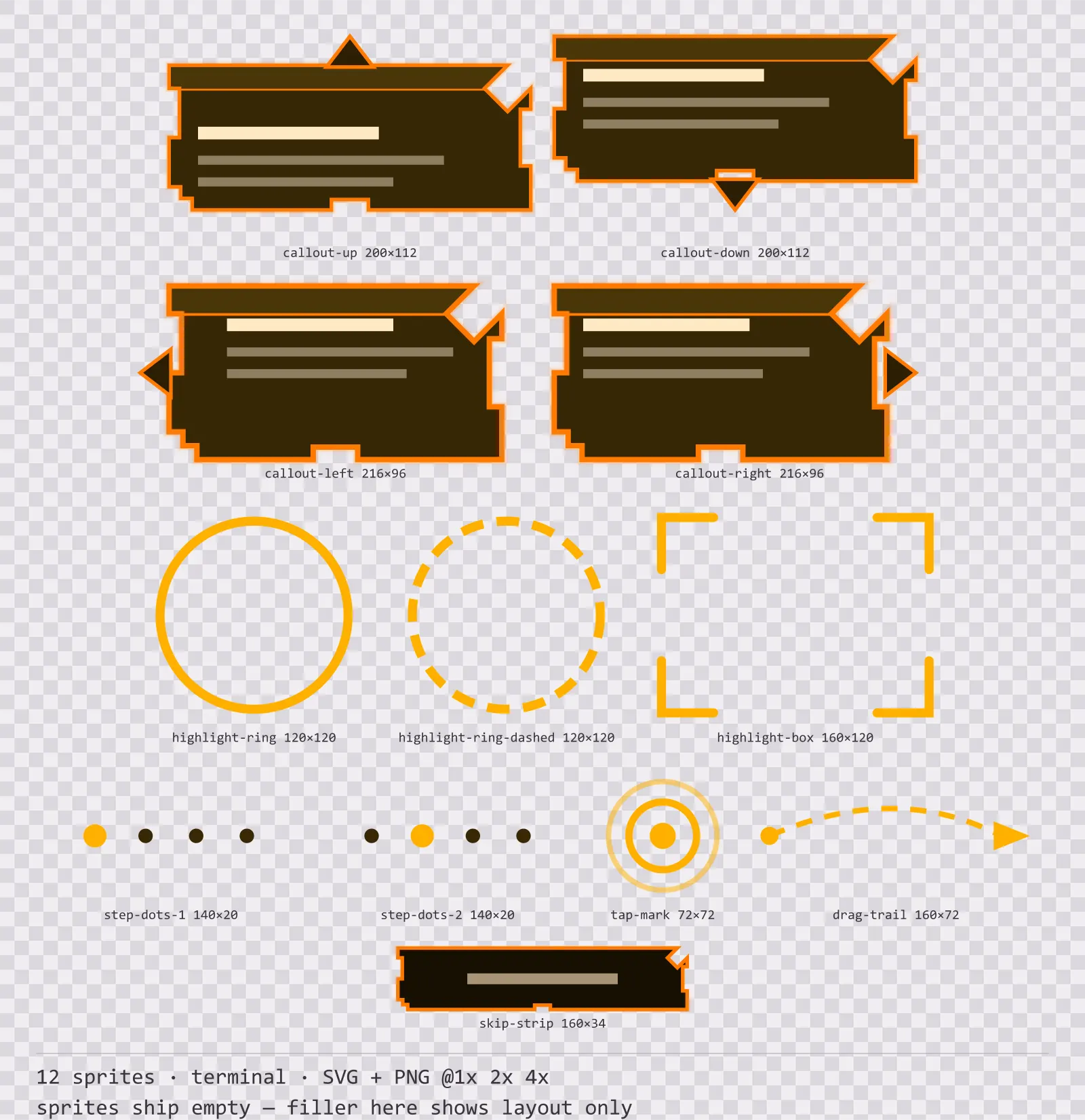 Sheet showing 12 terminal tutorial and onboarding markers from the Amberterm family, arranged on a transparency checkerboard with their pixel sizes printed underneath