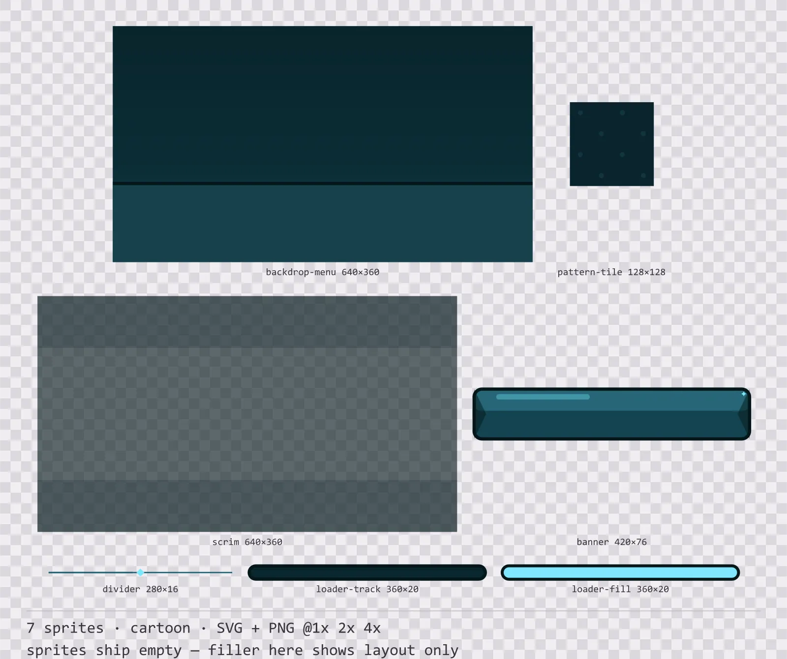 Sheet showing 7 cartoon background and overlay pieces from the Aqua family, arranged on a transparency checkerboard with their pixel sizes printed underneath