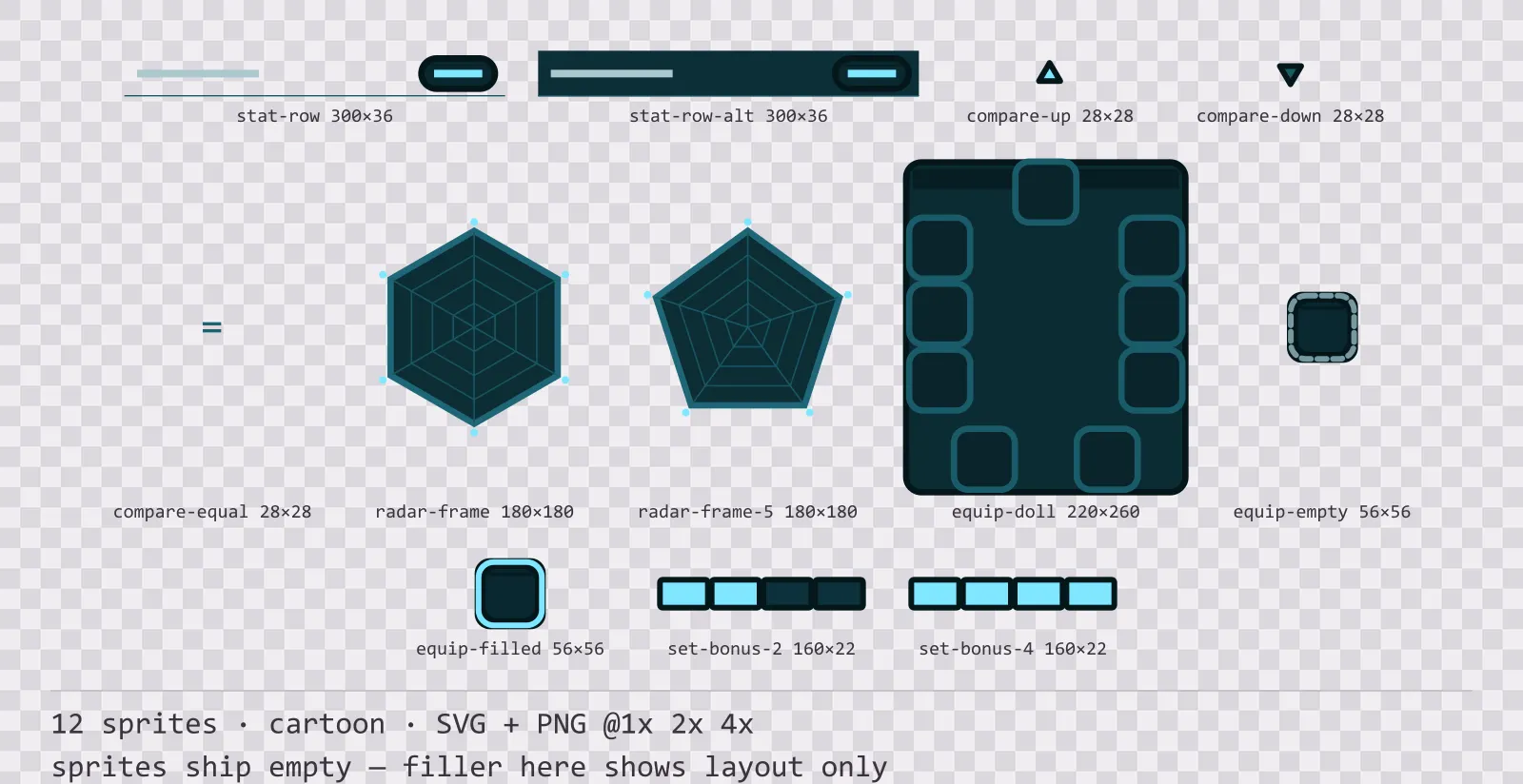 Sheet showing 12 cartoon character sheet and stat widgets from the Aqua family, arranged on a transparency checkerboard with their pixel sizes printed underneath