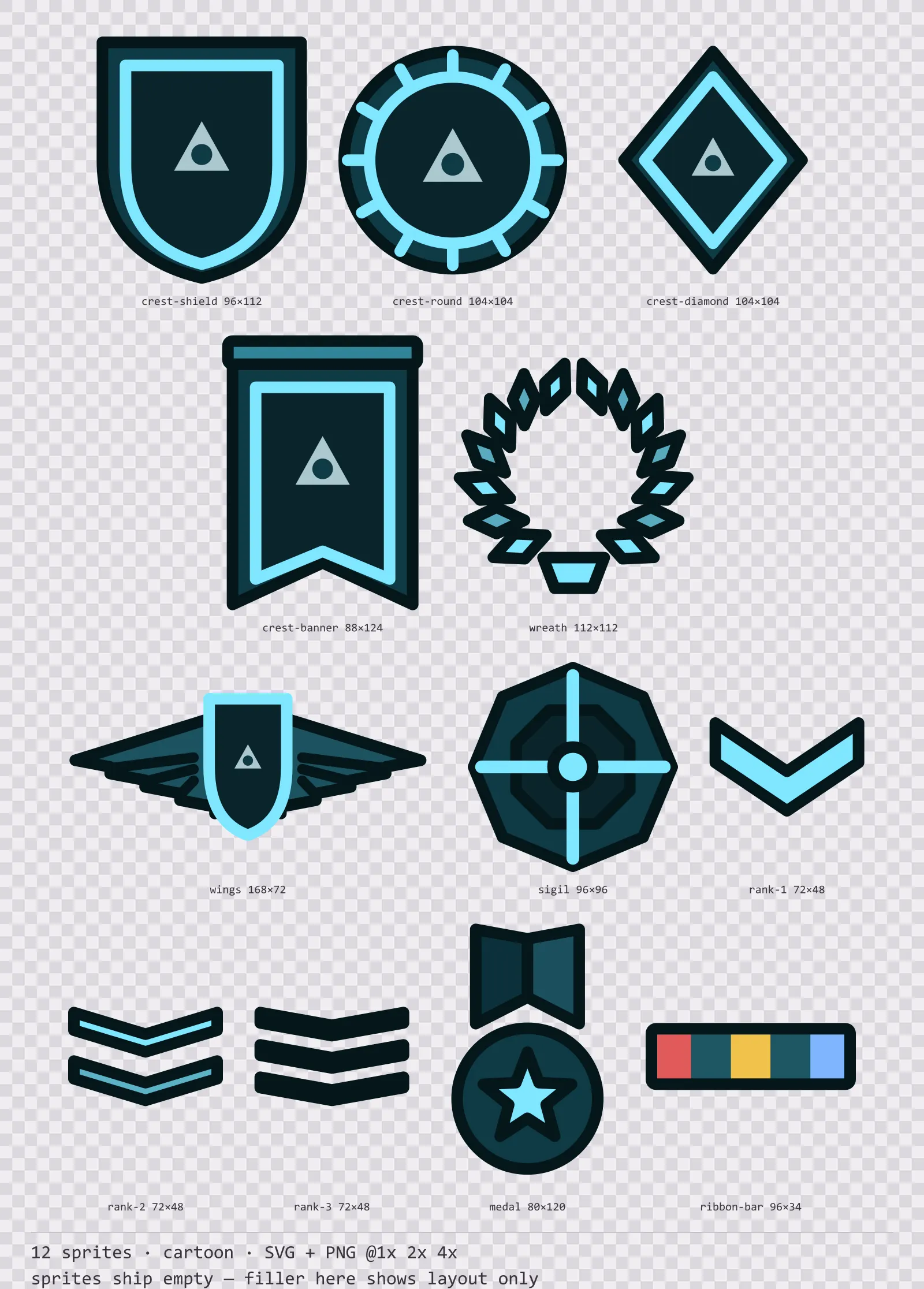 Sheet showing 12 cartoon crests, insignia and rank marks from the Aqua family, arranged on a transparency checkerboard with their pixel sizes printed underneath