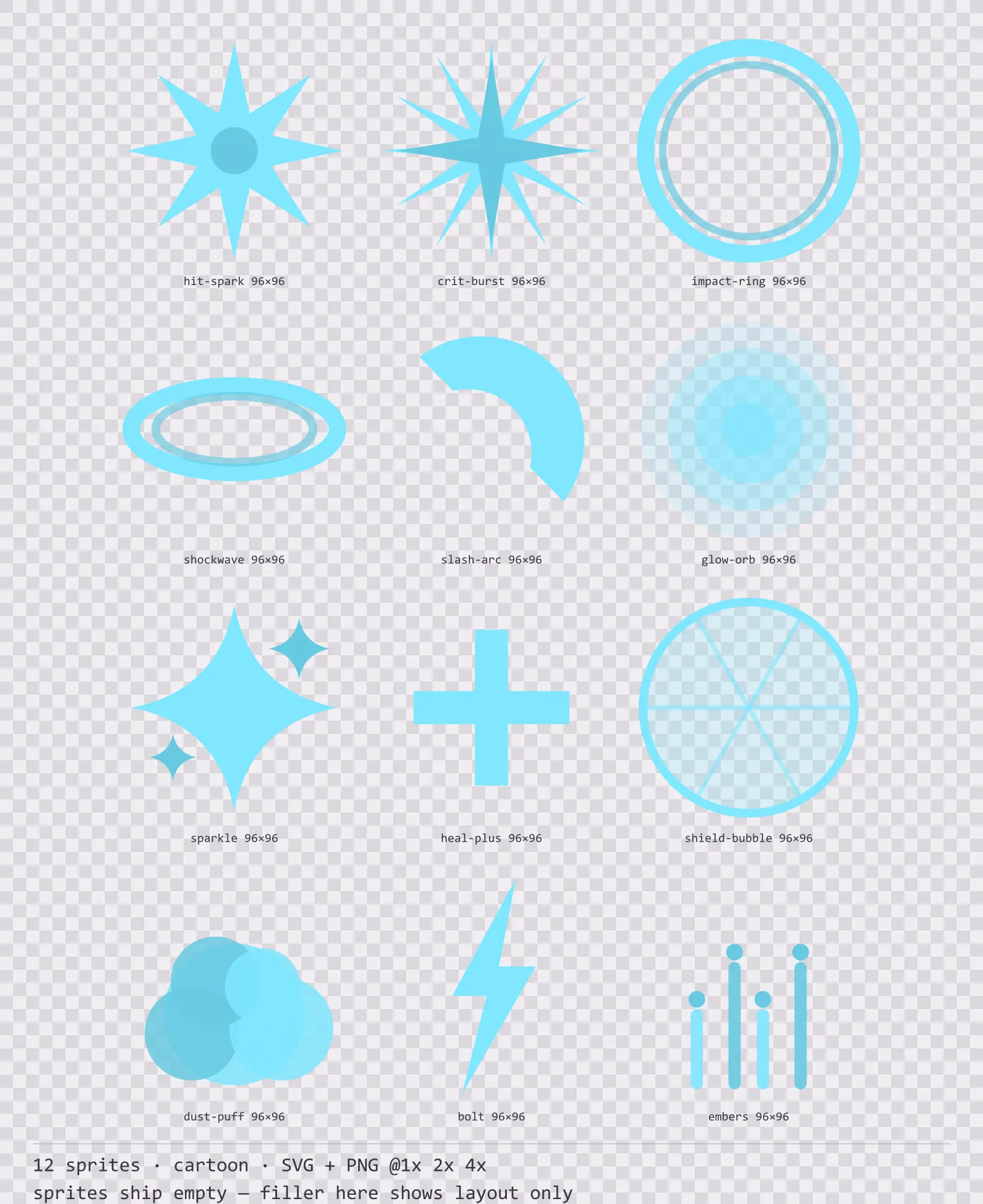 Sheet showing 12 cartoon impact and effect sprites from the Aqua family, arranged on a transparency checkerboard with their pixel sizes printed underneath