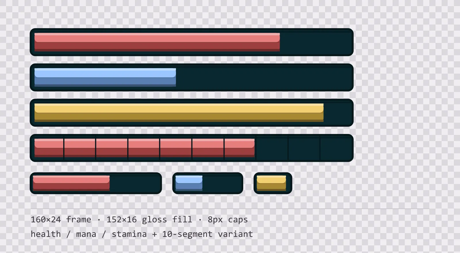 Three horizontal game status bars stacked on a checkerboard background, filled to different levels for health, mana and stamina, with a segmented 10-notch bar and three smaller bars beneath them
