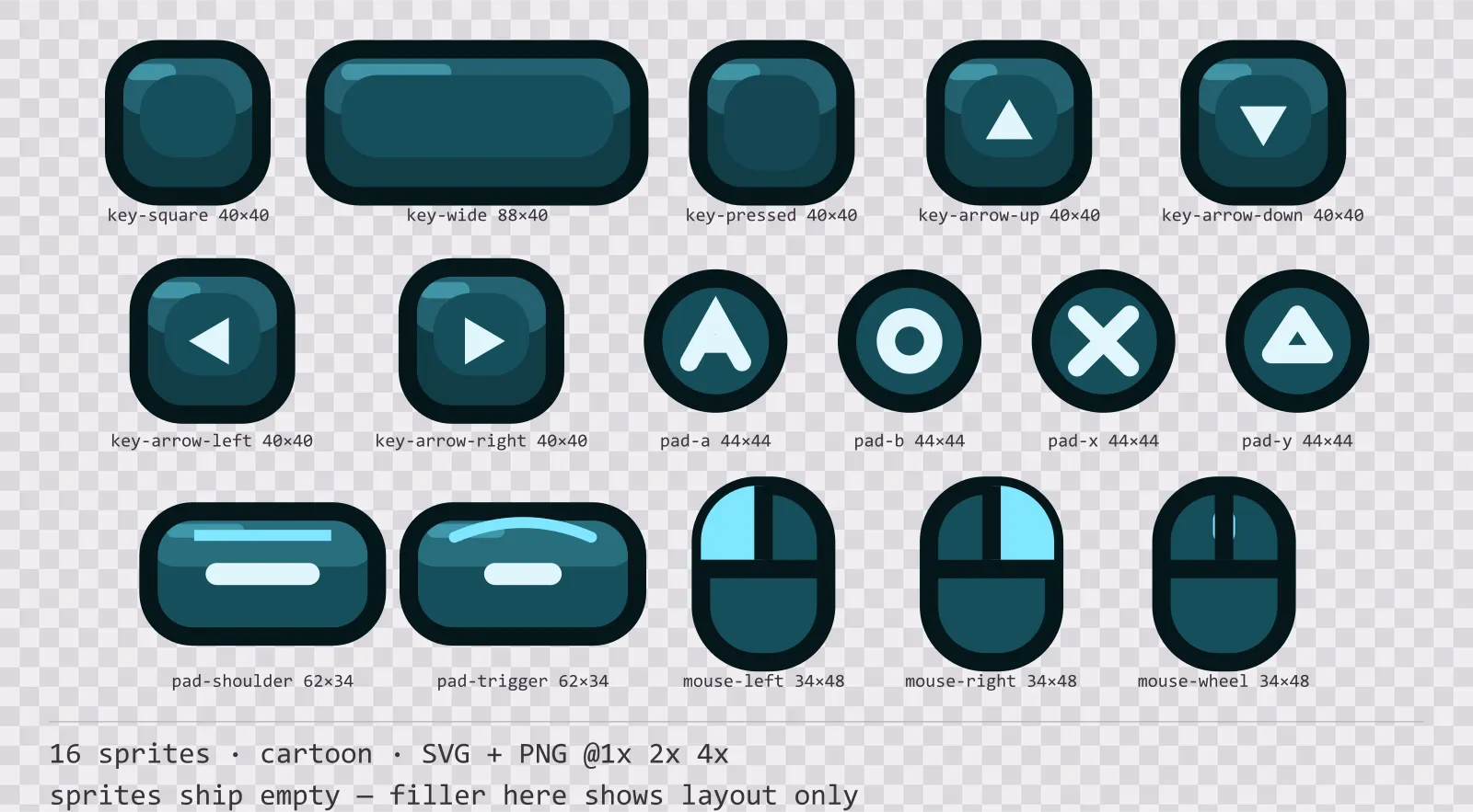 Sheet showing 16 cartoon input prompt sprites from the Aqua family, arranged on a transparency checkerboard with their pixel sizes printed underneath