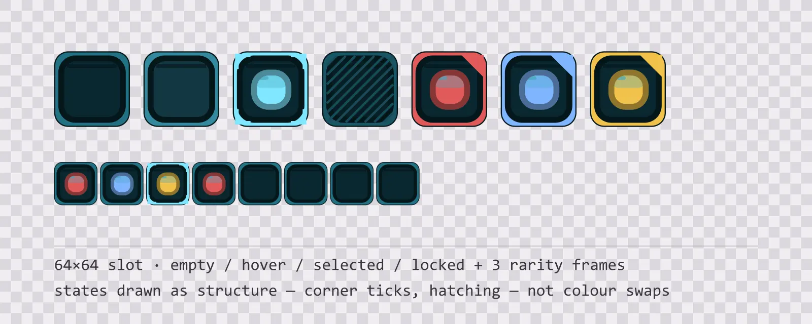 A row of square game inventory slots on a checkerboard background showing empty, hover, selected with corner ticks, and diagonally hatched locked states, followed by coloured rarity frames and a tiled eight-slot grid