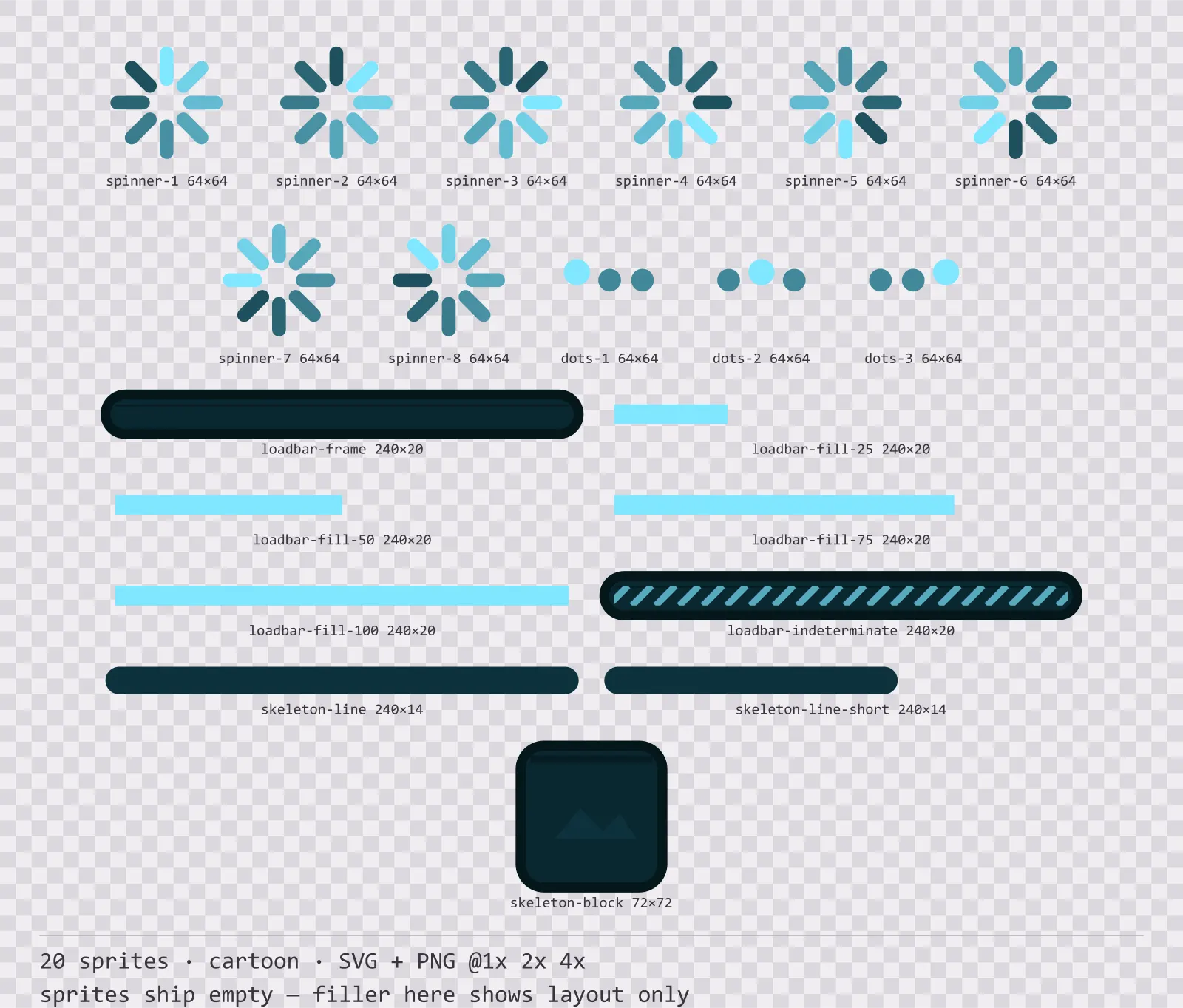 Sheet showing 20 cartoon loading and waiting indicators from the Aqua family, arranged on a transparency checkerboard with their pixel sizes printed underneath