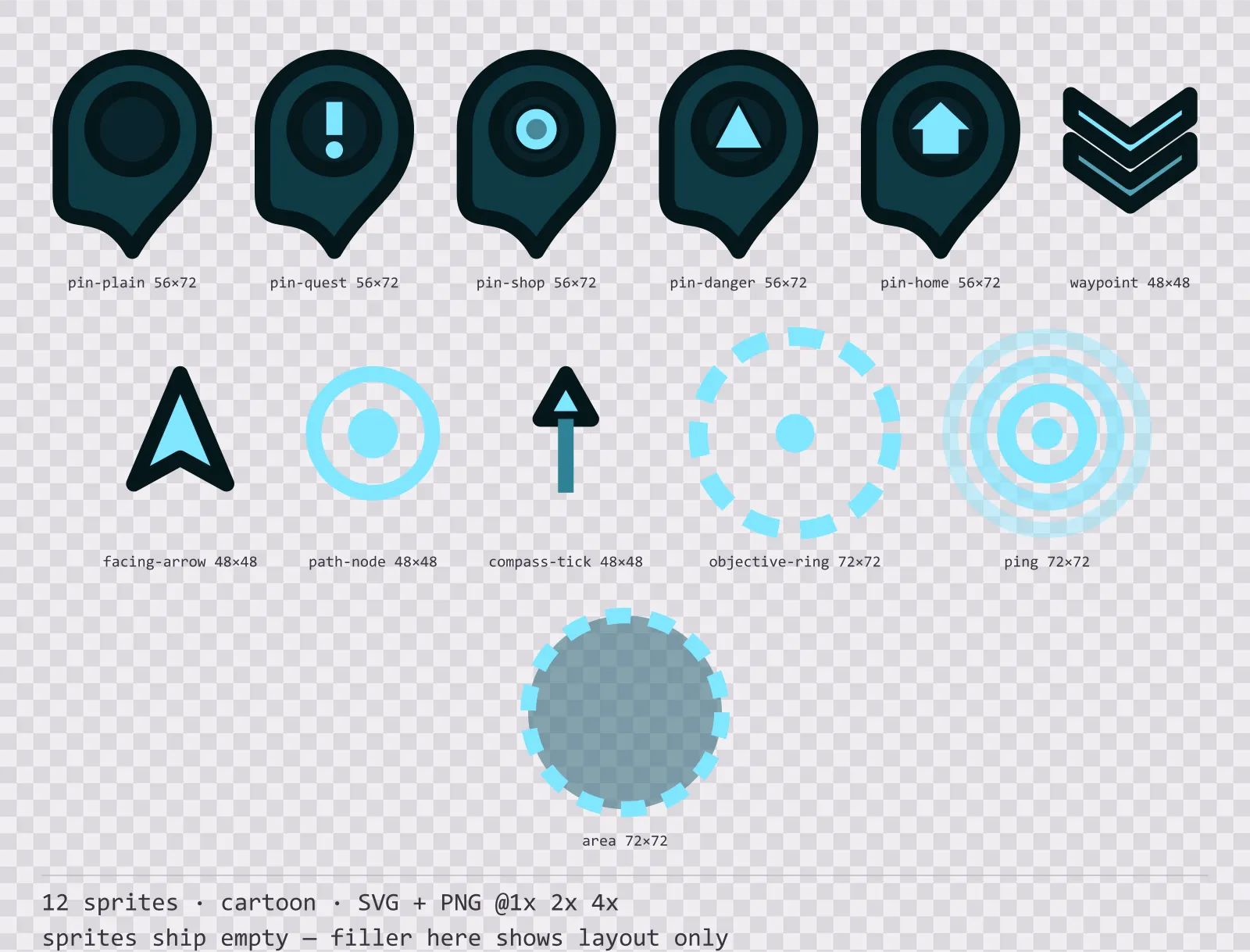Sheet showing 12 cartoon map markers and world indicators from the Aqua family, arranged on a transparency checkerboard with their pixel sizes printed underneath