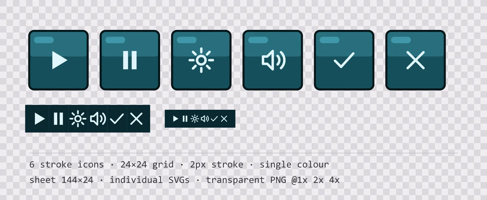 Six outlined game menu icons on glassy teal tiles, shown large, laid out on a sheet grid, and again at actual 24 pixel size
