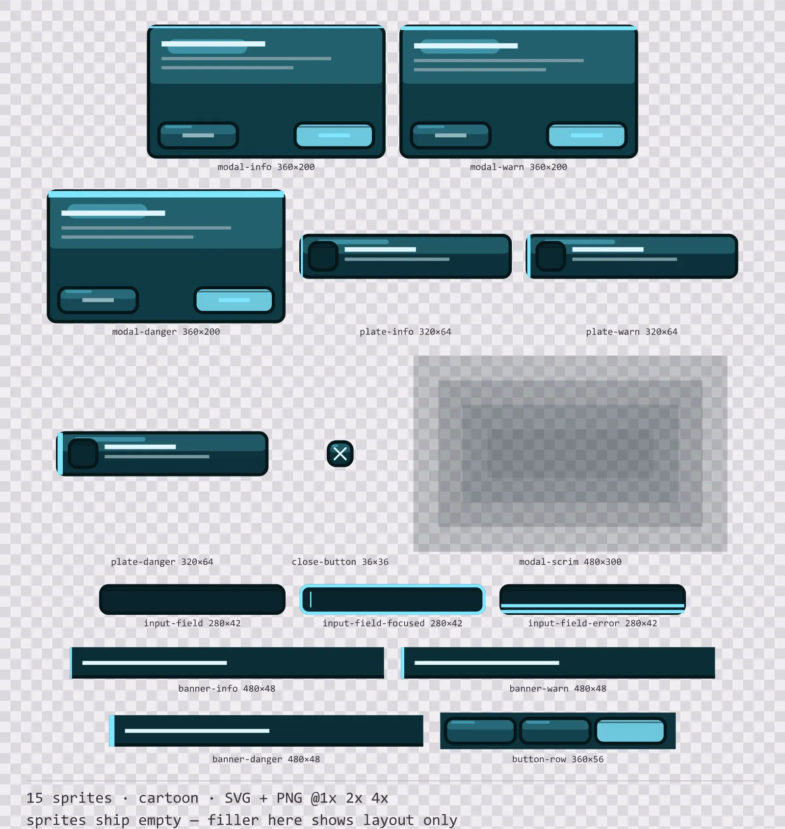 Sheet showing 15 cartoon modal dialogs and system notices from the Aqua family, arranged on a transparency checkerboard with their pixel sizes printed underneath