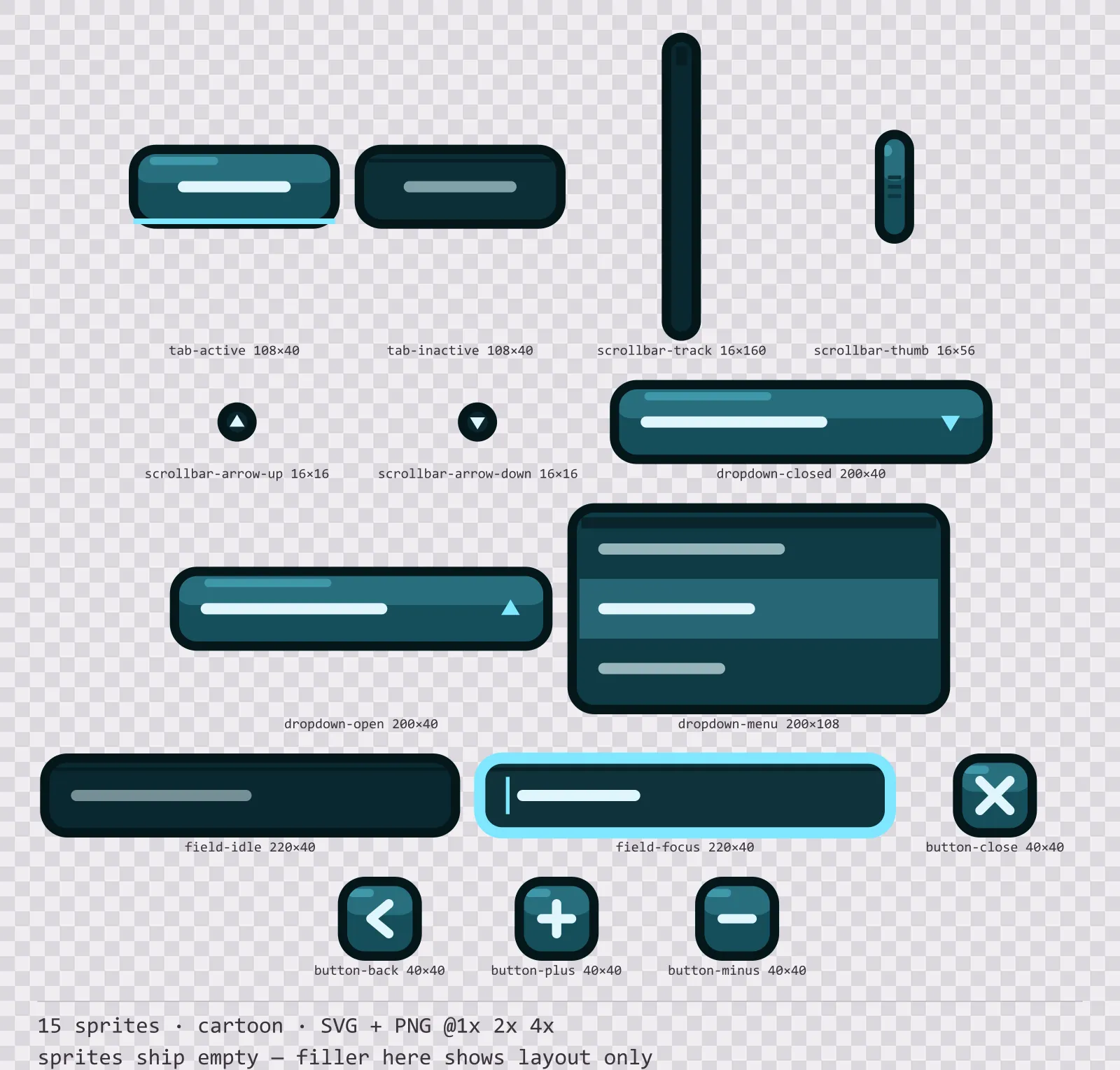 Sheet showing 15 cartoon navigation and input components from the Aqua family, arranged on a transparency checkerboard with their pixel sizes printed underneath