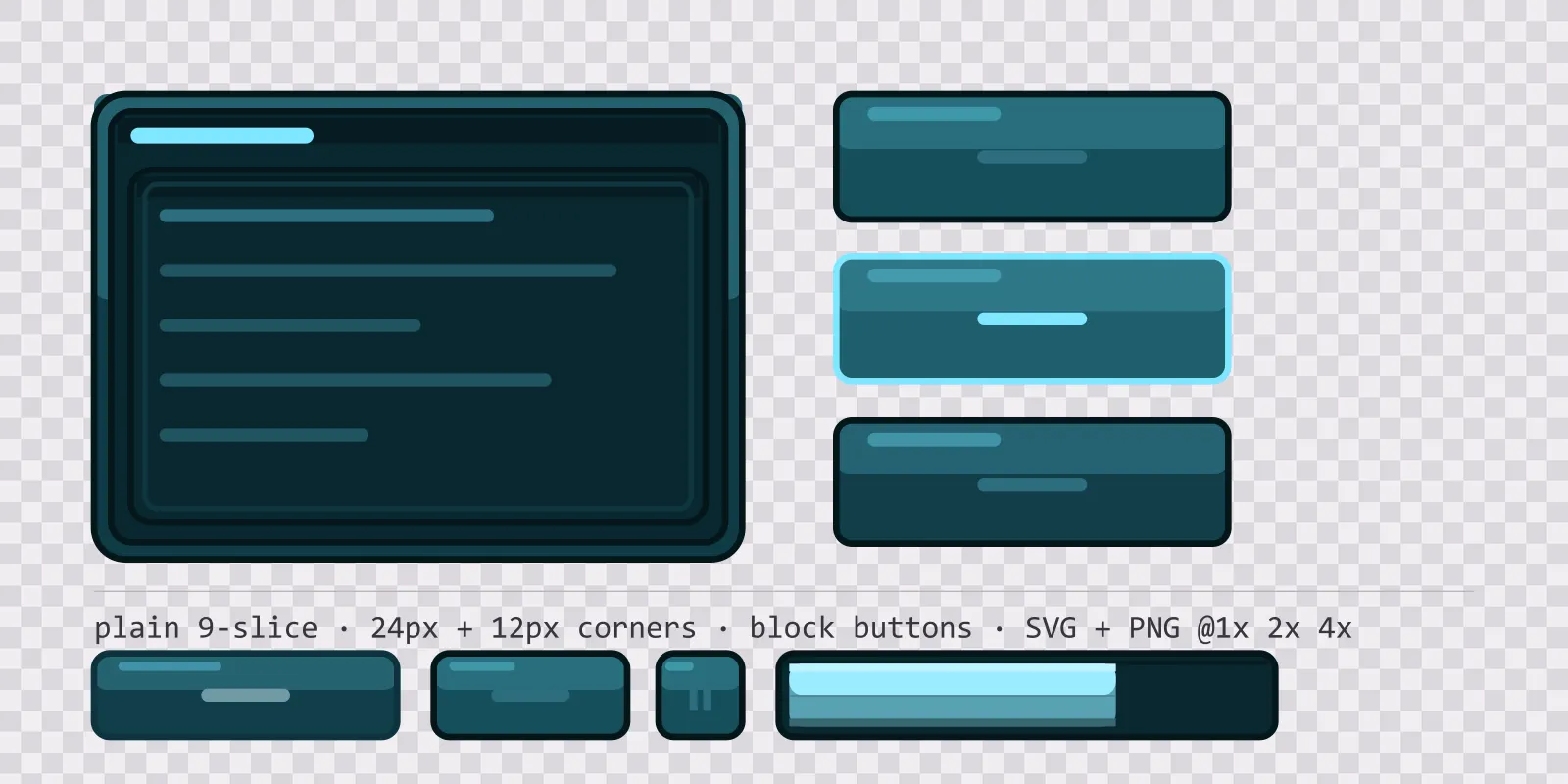 glassy teal game menu panel with a ice blue title strip and a recessed list area, next to a column showing the same square button in default, outlined hover and pushed-in pressed states