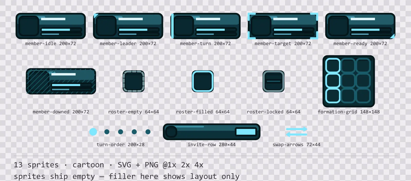 Sheet showing 13 cartoon party and roster widgets from the Aqua family, arranged on a transparency checkerboard with their pixel sizes printed underneath