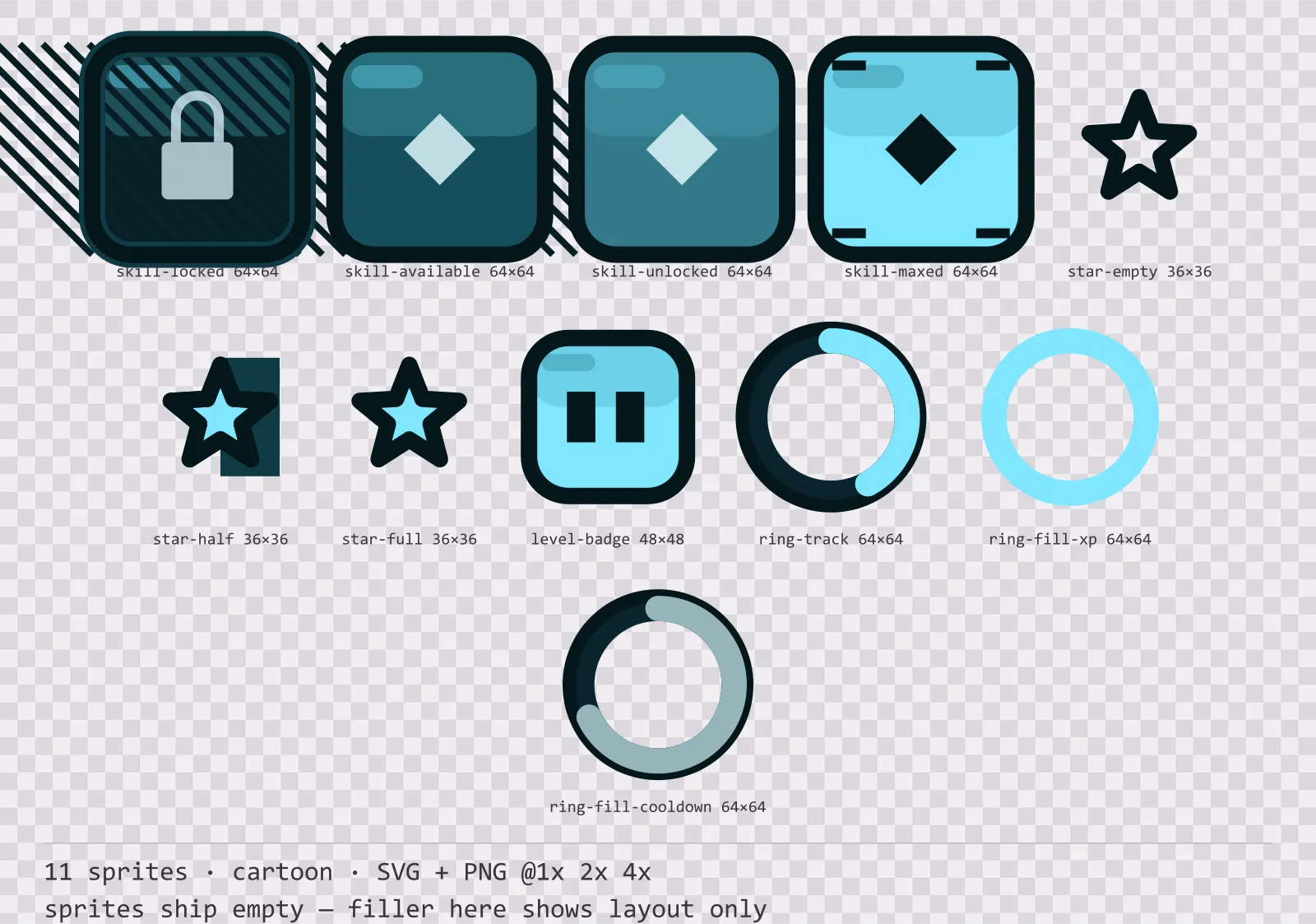 Sheet showing 11 cartoon progression and reward components from the Aqua family, arranged on a transparency checkerboard with their pixel sizes printed underneath