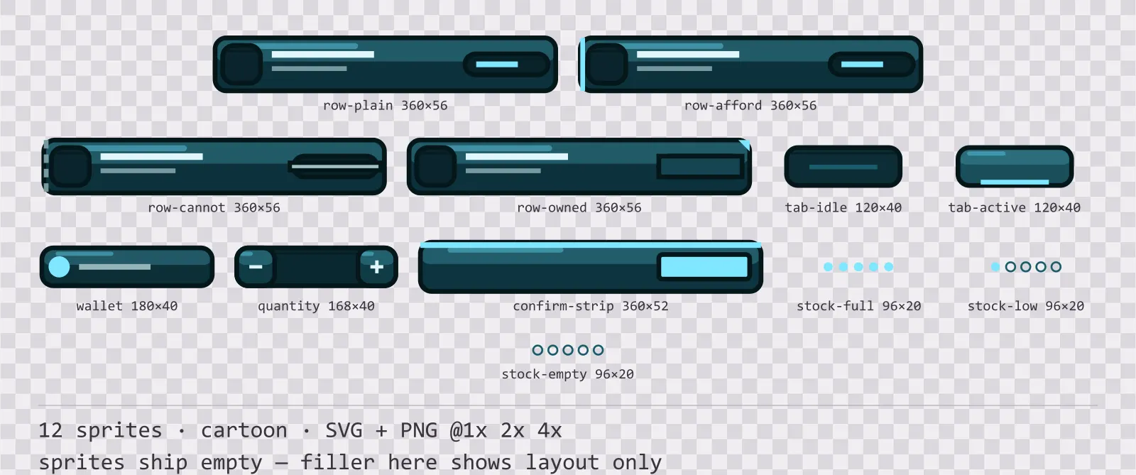 Sheet showing 12 cartoon shop and economy widgets from the Aqua family, arranged on a transparency checkerboard with their pixel sizes printed underneath
