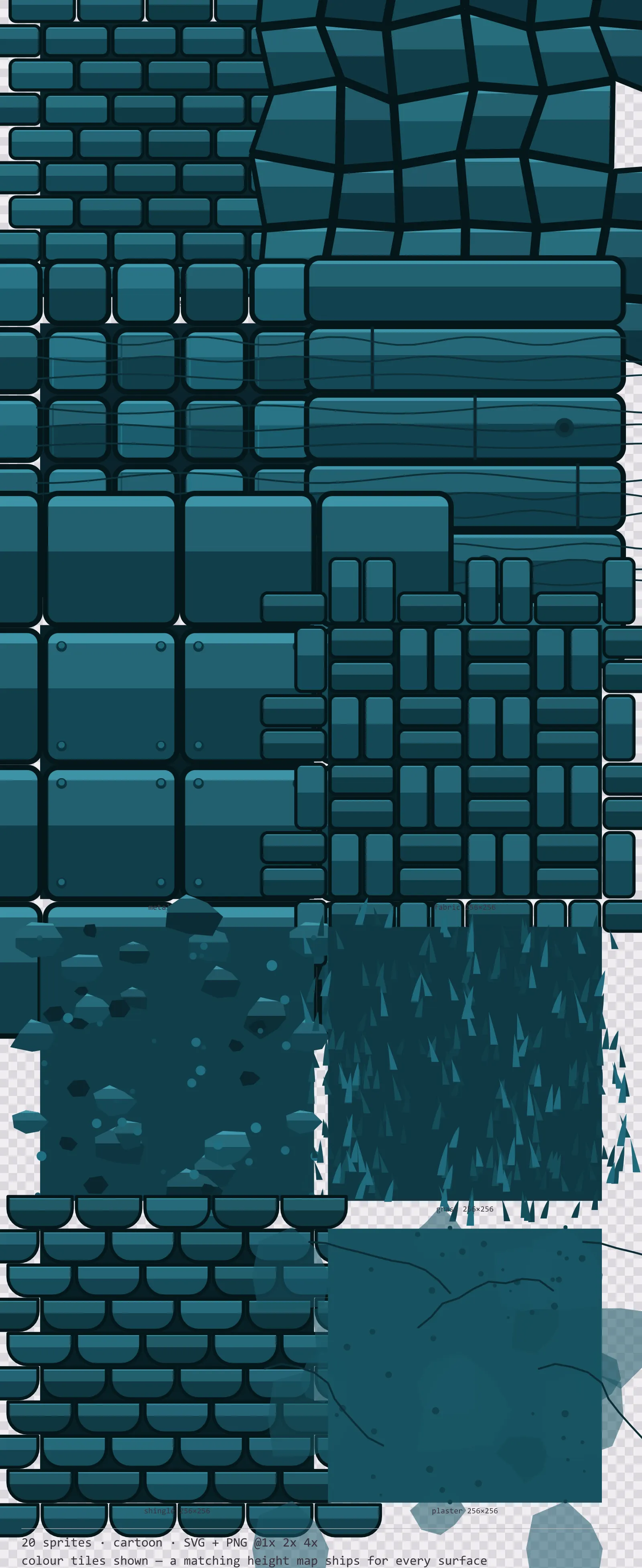 Sheet showing 20 cartoon tiling surface textures from the Aqua family, arranged on a transparency checkerboard with their pixel sizes printed underneath