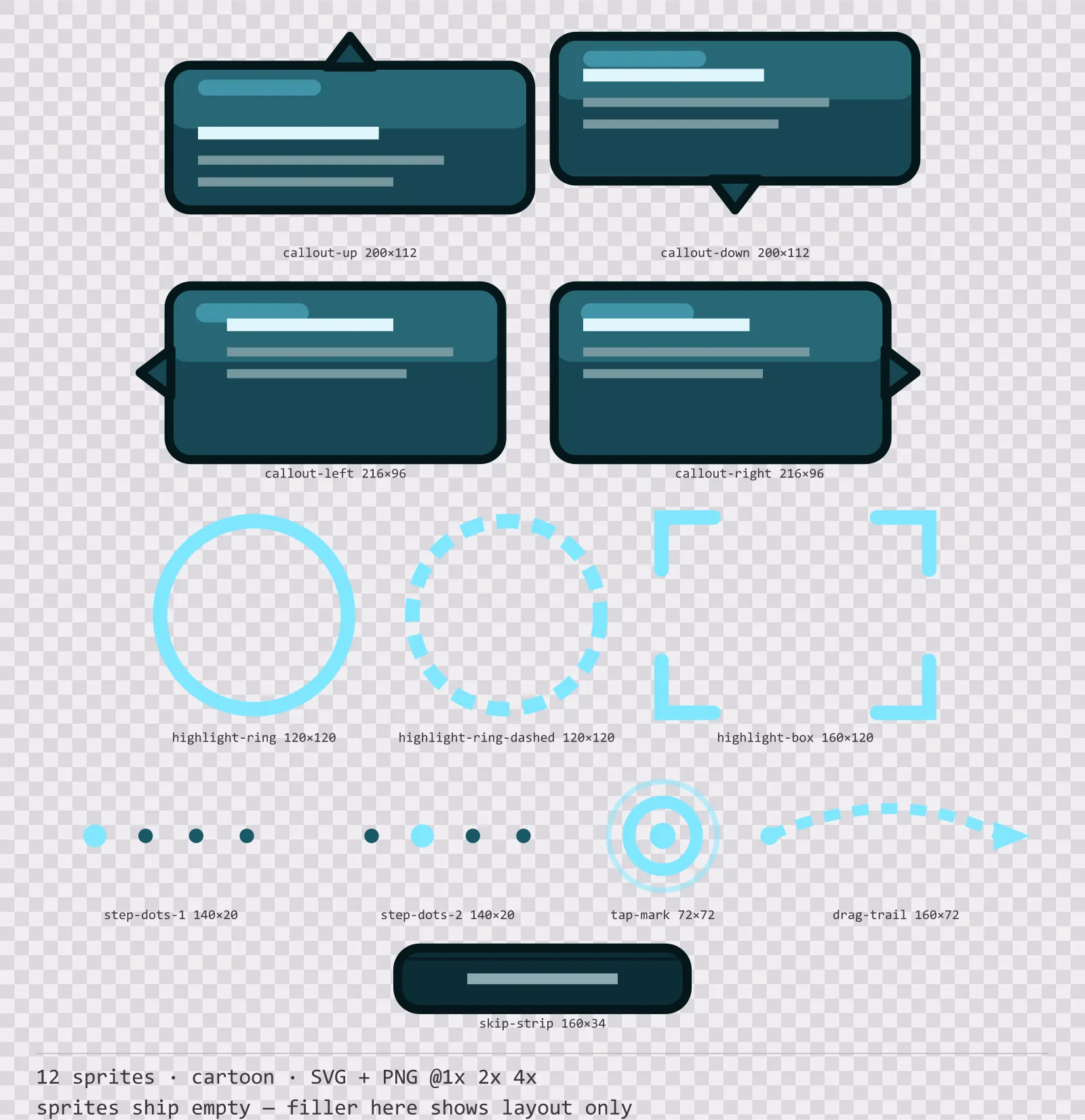 Sheet showing 12 cartoon tutorial and onboarding markers from the Aqua family, arranged on a transparency checkerboard with their pixel sizes printed underneath