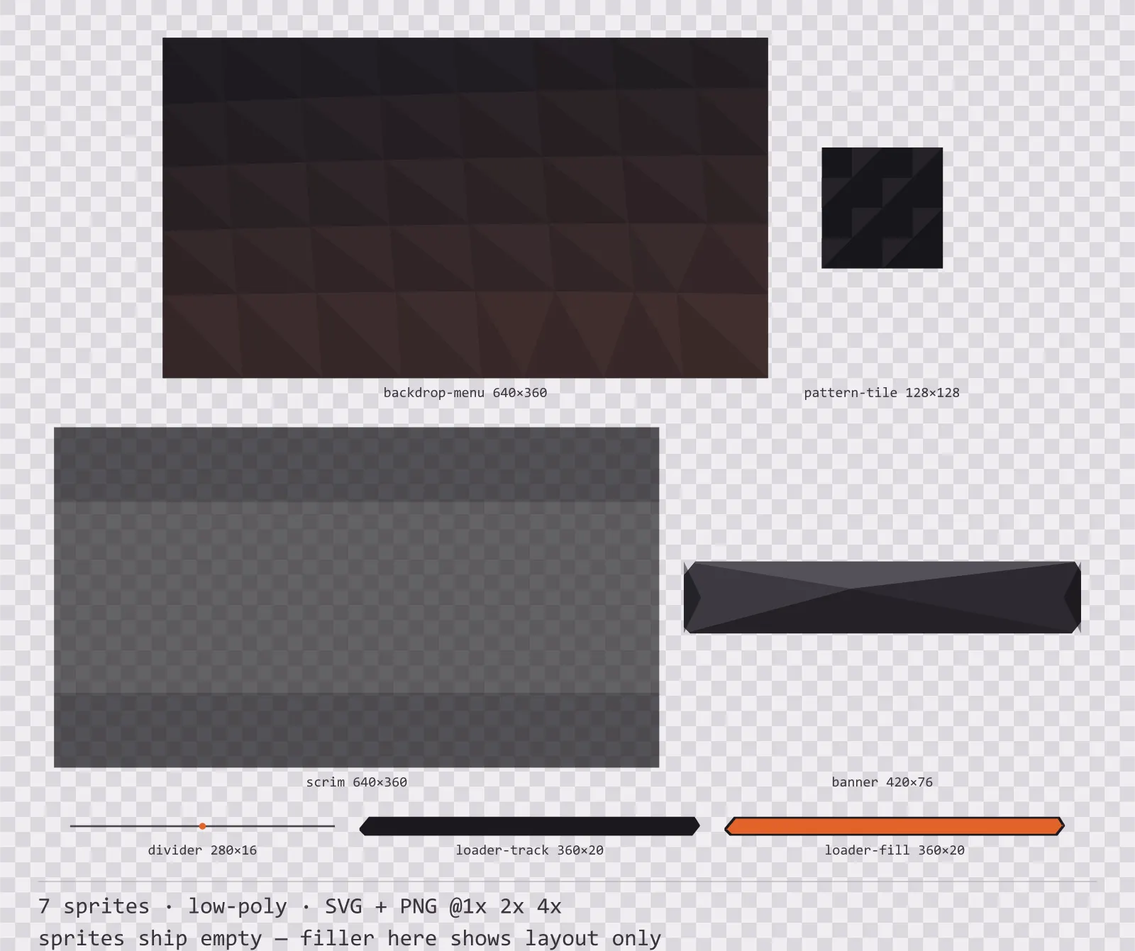 Sheet showing 7 low-poly background and overlay pieces from the Basalt family, arranged on a transparency checkerboard with their pixel sizes printed underneath