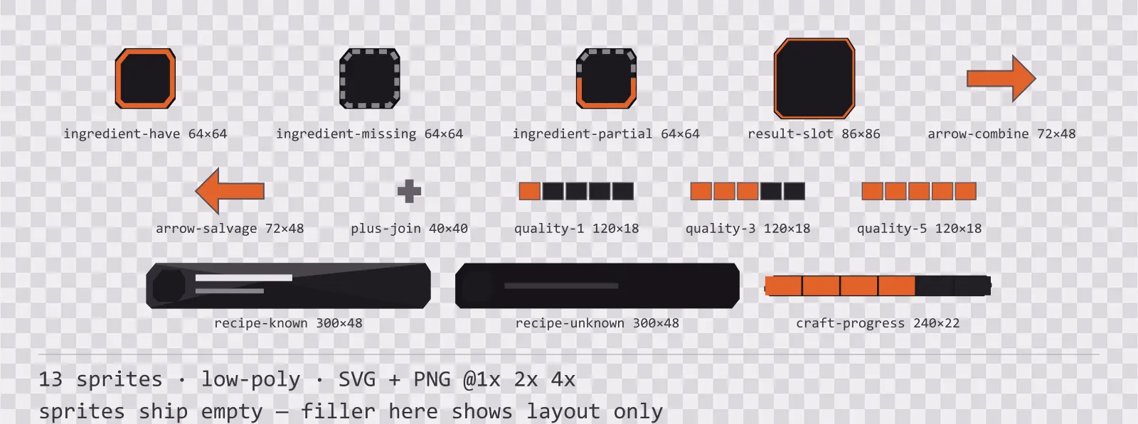Sheet showing 13 low-poly crafting and recipe widgets from the Basalt family, arranged on a transparency checkerboard with their pixel sizes printed underneath