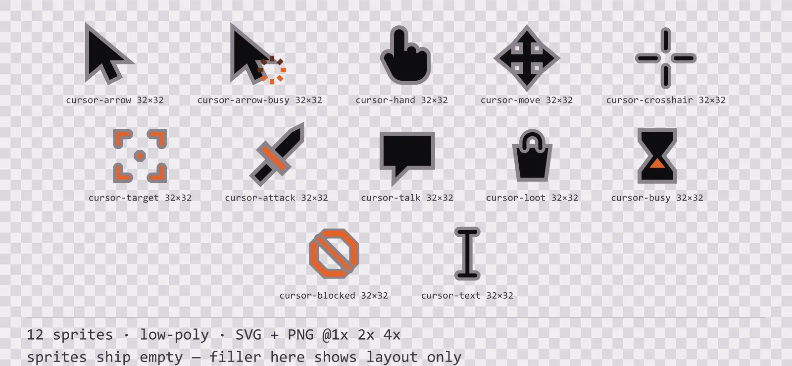 Blatt mit 12 Mauscursor (Low-Poly) aus der Familie Basalt, angeordnet auf einem Transparenz-Schachbrett, mit den Pixelmaßen darunter