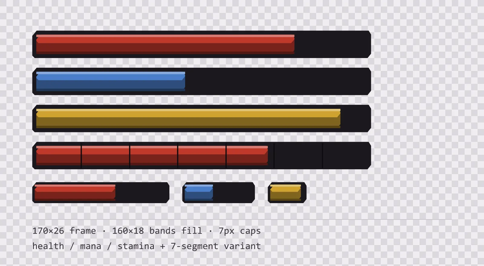Three horizontal game status bars stacked on a checkerboard background, filled to different levels for health, mana and stamina, with a segmented 7-notch bar and three smaller bars beneath them