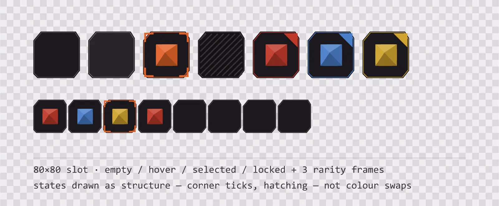 A row of square game inventory slots on a checkerboard background showing empty, hover, selected with corner ticks, and diagonally hatched locked states, followed by coloured rarity frames and a tiled eight-slot grid