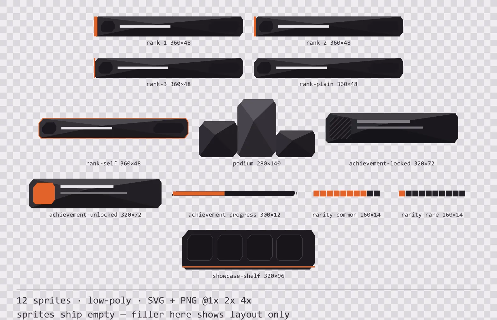 Blatt mit 12 Bestenlisten- und Erfolgs-Elemente (Low-Poly) aus der Familie Basalt, angeordnet auf einem Transparenz-Schachbrett, mit den Pixelmaßen darunter