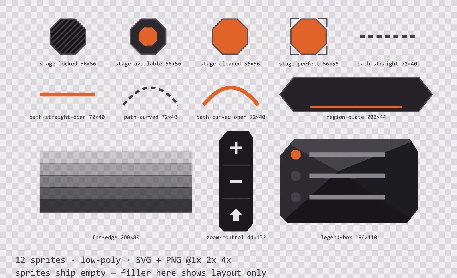 Hoja con 12 piezas de mapa y selección de nivel (low-poly) de la familia Basalt, dispuestos sobre un damero de transparencia y con sus medidas en píxeles escritas debajo
